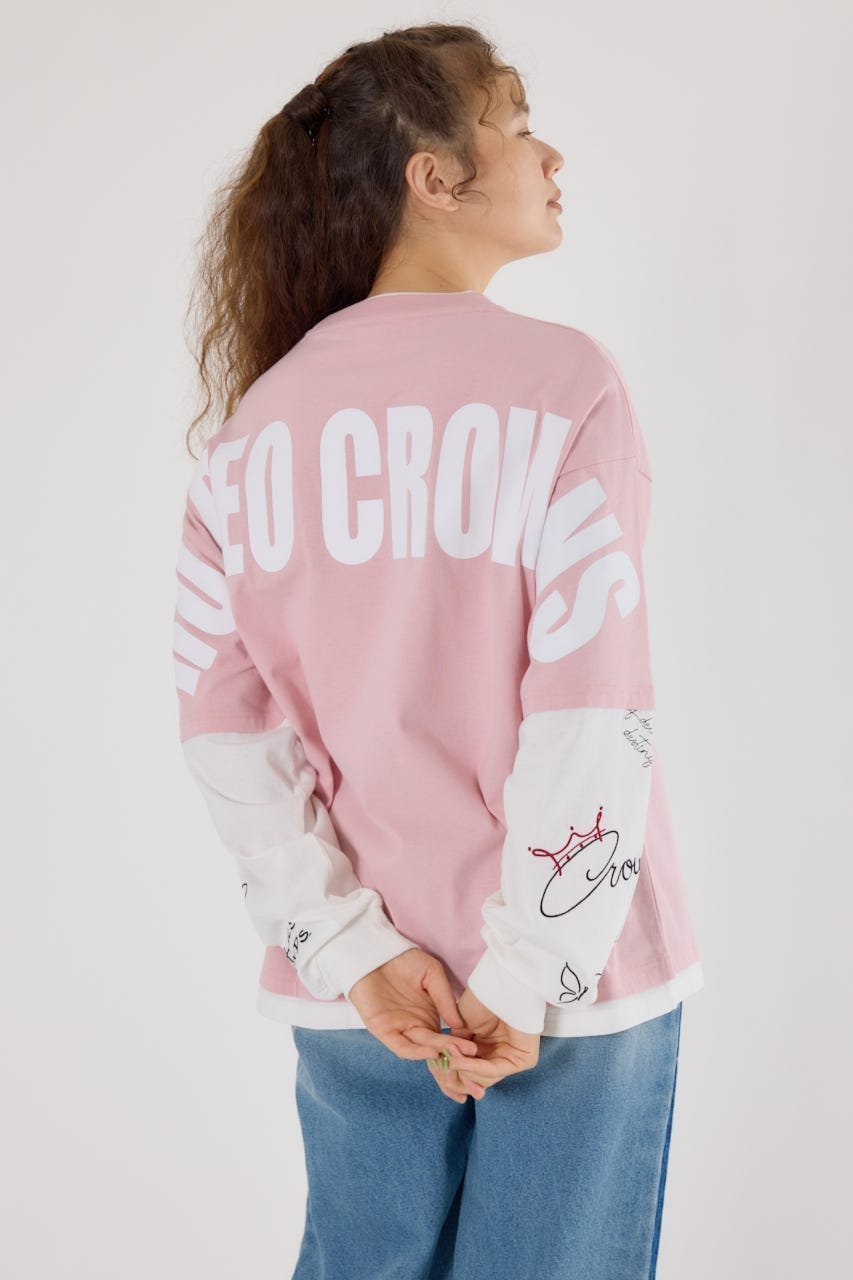 【ロデオクラウンズワイドボウル/RODEO CROWNS WIDE BOWL】の【UNISEX】オーバーロゴレイヤードロングスリーブTシャツ インテリア・キッズ・メンズ・レディースファッション・服の通販 founy(ファニー)  ファッション Fashion レディースファッション Fashion for Women トップス・カットソー Cut & Sew Tops シャツ・ブラウス・オフィスカジュアル Elegant Blouses & Button-Ups ロングTシャツ・Tシャツ Longline T-Shirts & Tees ユニセックス Unisex, Genderless グラフィック Graphic, Graphic Design ショート Short, Short Length プリント Print, Printed Pattern ボトム Bottoms, Lower Wear ワイド Wide, Wide Fit ワンポイント One Point, Statement Accent PNK|ID: prp329100004735591 ipo3291000000034349205