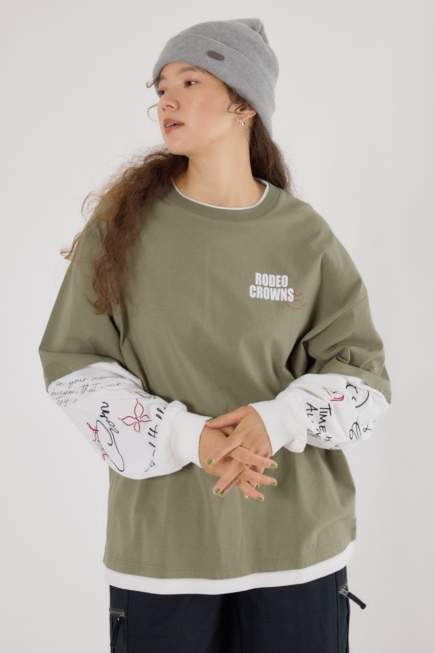 【ロデオクラウンズワイドボウル/RODEO CROWNS WIDE BOWL】の【UNISEX】オーバーロゴレイヤードロングスリーブTシャツ インテリア・キッズ・メンズ・レディースファッション・服の通販 founy(ファニー)  ファッション Fashion レディースファッション Fashion for Women トップス・カットソー Cut & Sew Tops シャツ・ブラウス・オフィスカジュアル Elegant Blouses & Button-Ups ロングTシャツ・Tシャツ Longline T-Shirts & Tees ユニセックス Unisex, Genderless グラフィック Graphic, Graphic Design ショート Short, Short Length プリント Print, Printed Pattern ボトム Bottoms, Lower Wear ワイド Wide, Wide Fit ワンポイント One Point, Statement Accent KHA|ID: prp329100004735591 ipo3291000000034349206