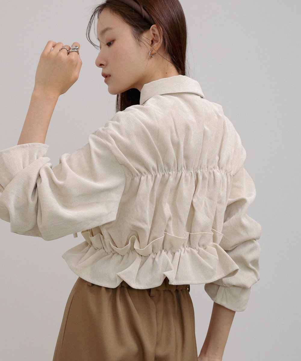 【バブ ブージュルード/Bab Bou Jeloud】のコーデュロイシャーリングリボンショートブラウス 人気、トレンドファッション・服の通販 founy(ファニー) 　ファッション　Fashion　レディースファッション　Fashion for Women　トップス・カットソー　Cut & Sew Tops　シャツ・ブラウス・オフィスカジュアル　Elegant Blouses & Button-Ups　コーデュロイ　Corduroy, Cord Fabric　シャーリング　Shirring, Ruched　スマート　Smart, Elegant　スラックス　Slacks, Dress Pants　チェック　Check, Plaid, Tartan　デニム　Denim, Jeans Material　フェミニン　Feminine, Girly　フレア　Flare, Flared　リボン　Ribbon, Bow　ワイド　Wide, Wide Fit　再入荷　Restock / Back in Stock　 other-1|ID: prp329100004735727 ipo3291000000034316467