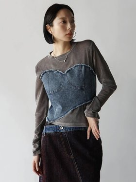 【ラシュッド/LASUD】のデニムビスチェフェイクレイヤードベロアトップス 人気、トレンドファッション・服の通販 founy(ファニー) ファッション Fashion レディースファッション Fashion for Women トップス・カットソー Cut & Sew Tops ベロアトップス Velour Tops / Velvet-Look Items ビスチェ Bustiers & Corset Tops / Layered Bustier Style コンパクト Compact, Small Size シアー Sheer, See-Through バランス Balance, Style Balance フィット Fit, Slim Fit ベロア Velour, Soft Velvet ワイド Wide, Wide Fit エレガント 上品 Elegant |ID:prp329100004736205