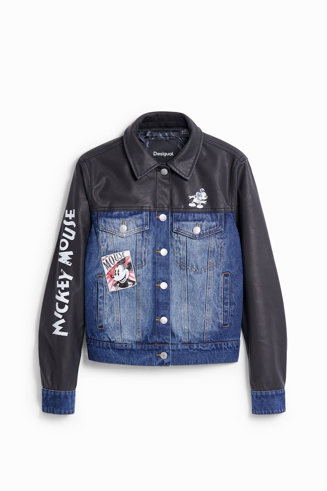 【デシグアル/Desigual】のミッキーマウス ハイブリッドデニムジャケット ディズニー 人気、トレンドファッション・服の通販 founy(ファニー) 　ファッション　Fashion　レディースファッション　Fashion for Women　アウター　Coat / Outerwear Collection　レディースジャケット・軽アウター　Jackets　デニムジャケット / カジュアルアウター　Denim Jackets　カラフル　Colorful Design　ガーリー　Girly, Feminine Style　グラフィック　Graphic, Graphic Design　コラボ　Collaboration, Collab　コレクション　Collection, Seasonal Line　シンプル　Simple, Minimal　ジャケット　Jacket, Outerwear　スリーブ　Sleeve, Long Sleeve / Short Sleeve　デニム　Denim, Jeans Material　パターン　Pattern, Design Print　フェイクレザー　Faux Leather, PU Leather　プリント　Print, Printed Pattern　ミックス　Mix, Mixed Style　おすすめ　Recommended / Our Picks　 other-1|ID: prp329100004736257 ipo3291000000034212947