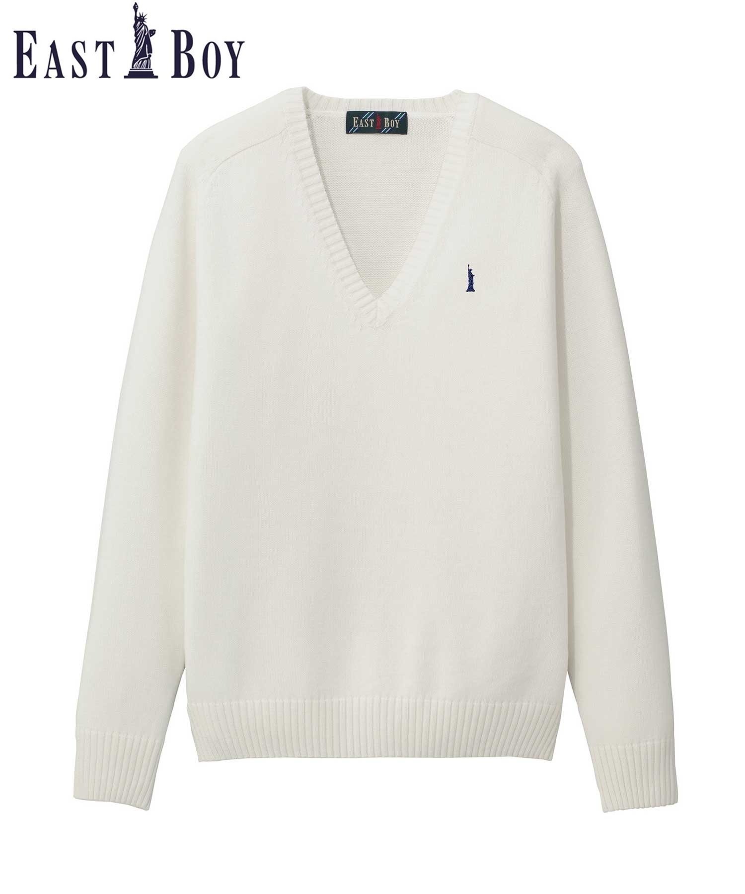 【イーストボーイ/EASTBOY】のセーター 綿 7G ニット 女子 制服 スクール インテリア・キッズ・メンズ・レディースファッション・服の通販 founy(ファニー) 　ファッション　Fashion　レディースファッション　Fashion for Women　トップス・カットソー　Cut & Sew Tops　ニット　Knit Tops & Sweaters　セーター　Sweater, Knitwear　タンブラー　Tumbler, Travel Mug　長袖　Long Sleeve, Full Sleeve　ポケット　Pocket, Pocket Detail　おすすめ　Recommended / Our Picks　オフホワイト×ネイビー|ID: prp329100004736666 ipo3291000000034623279