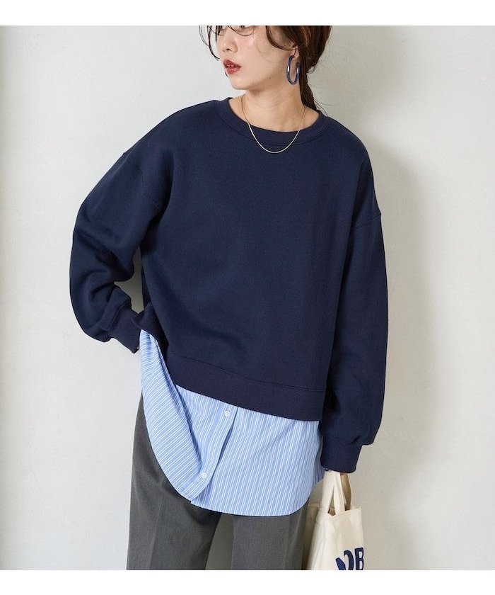 【フリークスストア/FREAK'S STORE】の裏起毛 スウェット × シャツ レイヤード風 トップス【限定展開】 25AW インテリア・キッズ・メンズ・レディースファッション・服の通販 founy(ファニー) 　ファッション　Fashion　レディースファッション　Fashion for Women　トップス・カットソー　Cut & Sew Tops　シャツ・ブラウス・オフィスカジュアル　Elegant Blouses & Button-Ups　レディースパーカー・カジュアルフーディー　Casual Hoodies & Sweatshirts　スウェット・クルーネックトップス　Sweatshirts & Crewnecks / Relaxed Fit Sweat Tops　ショート　Short, Short Length　シンプル　Simple, Minimal　スウェット / スエット　Sweatshirt, Sweatwear　スニーカー　Sneakers, Trainers　リラックス　Relax, Relaxed Fit　ロング　Long, Long-Length　ワイド　Wide, Wide Fit　A/W・秋冬　Autumn/Winter　冬　Winter / This Winter　おすすめ　Recommended / Our Picks　エレガント 上品　Elegant　2025年　2025　2025-2026秋冬・A/W　Autumn/Winter 2025–26 AW25–26　ネイビー|ID: prp329100004736737 ipo3291000000034215556