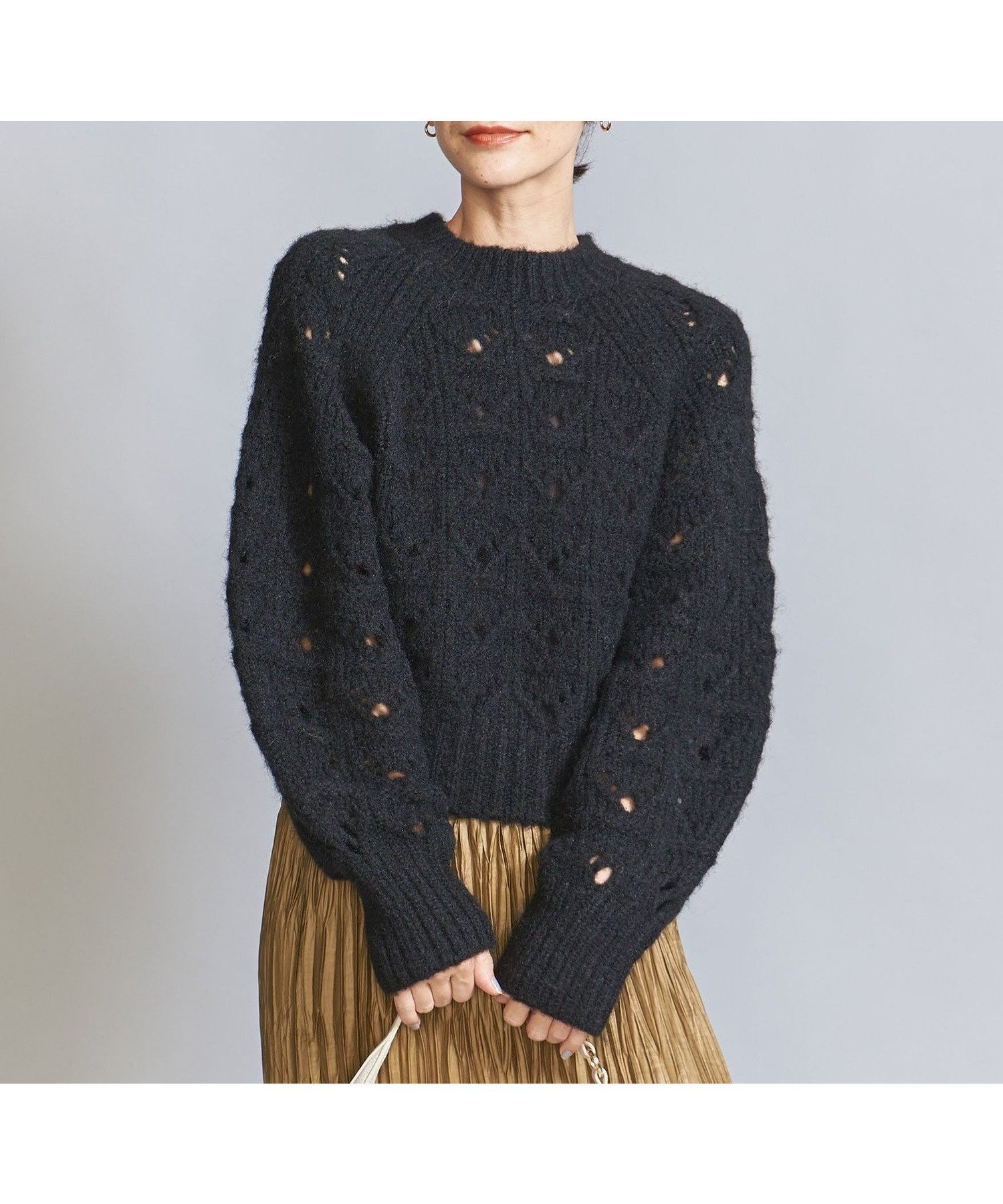 【ユナイテッドアローズ/UNITED ARROWS】の透かし編み クルーネック ニットプルオーバー インテリア・キッズ・メンズ・レディースファッション・服の通販 founy(ファニー) 　ファッション　Fashion　レディースファッション　Fashion for Women　トップス・カットソー　Cut & Sew Tops　ニット　Knit Tops & Sweaters　カジュアルプルオーバー・ニットトップス　Pullovers & Knit Tops / Casual Pullovers　アイレット　Eyelet Lace　ショート　Short, Short Length　トレンド　Trend, Trending Now　バランス　Balance, Style Balance　フェミニン　Feminine, Girly　プリーツ　Pleats, Pleated　ボトム　Bottoms, Lower Wear　ボトルネック　Bottle Neck, Mock Neck　ロング　Long, Long-Length　ワイド　Wide, Wide Fit　アウトレット　Outlet / Clearance　おすすめ　Recommended / Our Picks　BLACK|ID: prp329100004737035 ipo3291000000034776108