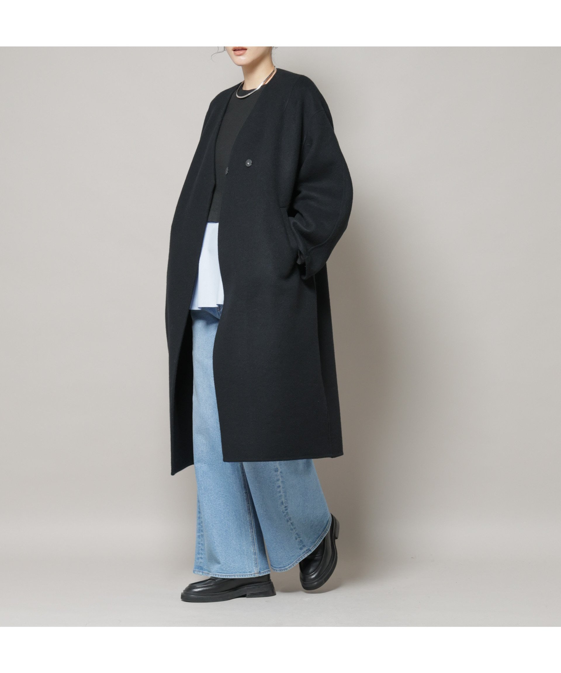 【ナノ ユニバース/nano universe】のSUPER110blend リバーノーカラーロングコート インテリア・キッズ・メンズ・レディースファッション・服の通販 founy(ファニー) 　ファッション　Fashion　レディースファッション　Fashion for Women　アウター　Coat / Outerwear Collection　コート・ロングコート・ピーコート　Long Coats, Peacoats & More　インナー　Innerwear　シンプル　Simple, Minimal　ダブル　Double, Double-Breasted　バランス　Balance, Style Balance　フェイス　Face, Facial Design　フロント　Front, Front Design　ポケット　Pocket, Pocket Detail　リラックス　Relax, Relaxed Fit　ロング　Long, Long-Length　エレガント 上品　Elegant　2025年　2025　2025-2026秋冬・A/W　Autumn/Winter 2025–26 AW25–26　ブラック|ID: prp329100004737332 ipo3291000000035035752