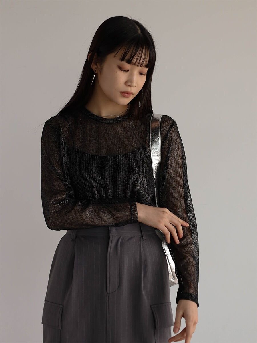 【ラシュッド/LASUD】のストライプシアーニットトップス インテリア・キッズ・メンズ・レディースファッション・服の通販 founy(ファニー) 　ファッション　Fashion　レディースファッション　Fashion for Women　トップス・カットソー　Cut & Sew Tops　ニット　Knit Tops & Sweaters　インナー　Innerwear　シンプル　Simple, Minimal　ジャケット　Jacket, Outerwear　ストライプ　Stripe, Striped Pattern　プリント　Print, Printed Pattern　ブラック|ID: prp329100004738053 ipo3291000000034224154