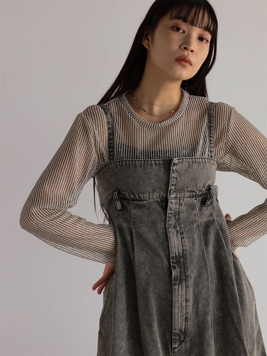 【ラシュッド/LASUD】のストライプシアーニットトップス インテリア・キッズ・メンズ・レディースファッション・服の通販 founy(ファニー) 　ファッション　Fashion　レディースファッション　Fashion for Women　トップス・カットソー　Cut & Sew Tops　ニット　Knit Tops & Sweaters　インナー　Innerwear　シンプル　Simple, Minimal　ジャケット　Jacket, Outerwear　ストライプ　Stripe, Striped Pattern　プリント　Print, Printed Pattern　シロクロ|ID: prp329100004738053 ipo3291000000034726333