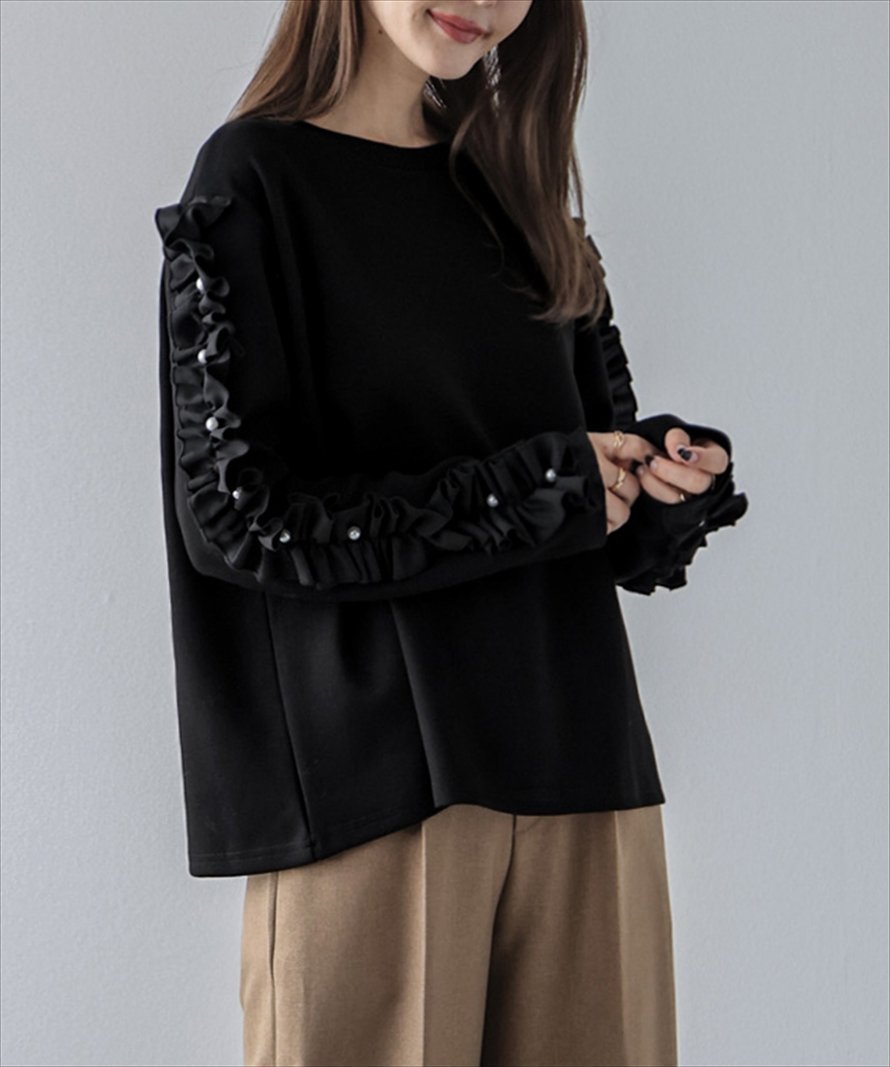 【ラジュール/Lajour】のフリルスリーブトップス インテリア・キッズ・メンズ・レディースファッション・服の通販 founy(ファニー) 　ファッション　Fashion　レディースファッション　Fashion for Women　トップス・カットソー　Cut & Sew Tops　スリーブ　Sleeve, Long Sleeve / Short Sleeve　パール　Pearl, Pearl Accent　フリル　Frill, Ruffle　モチーフ　Motif, Design Theme　ブラック|ID: prp329100004738150 ipo3291000000034224879