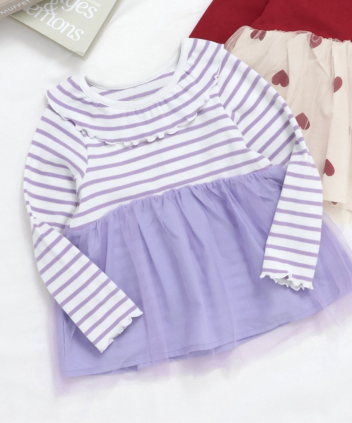 【エフオー オンラインストア/F.O.Online Store / KIDS】のWEB限定 衿フリルチュールドッキングトップス インテリア・キッズ・メンズ・レディースファッション・服の通販 founy(ファニー) 　ファッション　Fashion　キッズファッション　Fashion for Kids　トップス・カットソー　Cut & Sew Tops　長袖　Long Sleeve, Full Sleeve　ボーダー柄|ID: prp329100004738371 ipo3291000000034226194