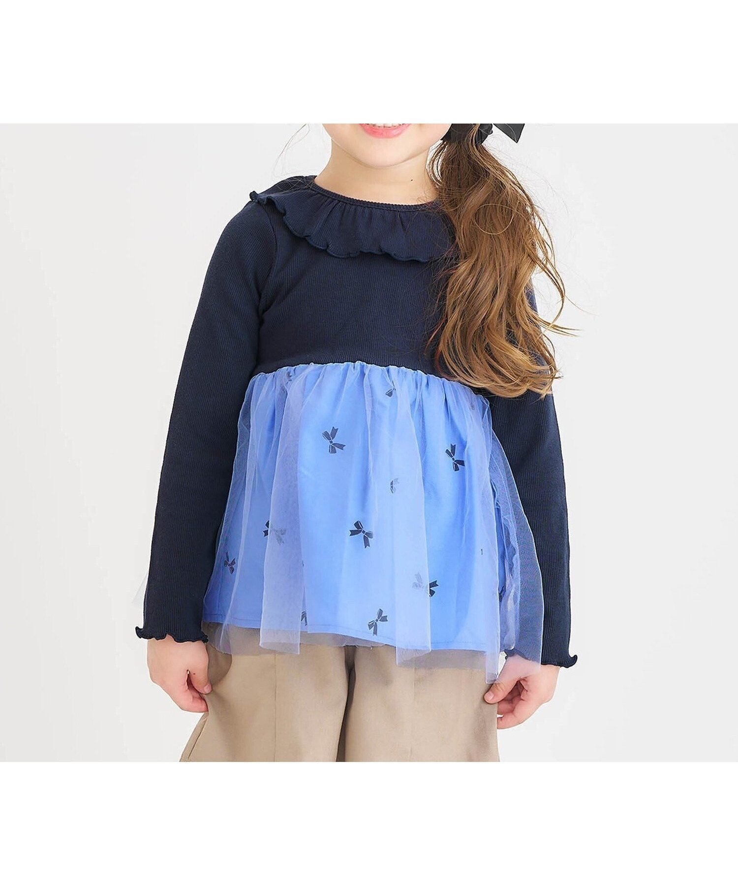 【エフオー オンラインストア/F.O.Online Store / KIDS】のWEB限定 衿フリルチュールドッキングトップス インテリア・キッズ・メンズ・レディースファッション・服の通販 founy(ファニー) 　ファッション　Fashion　キッズファッション　Fashion for Kids　トップス・カットソー　Cut & Sew Tops　長袖　Long Sleeve, Full Sleeve　ネイビーブルー|ID: prp329100004738371 ipo3291000000034226197