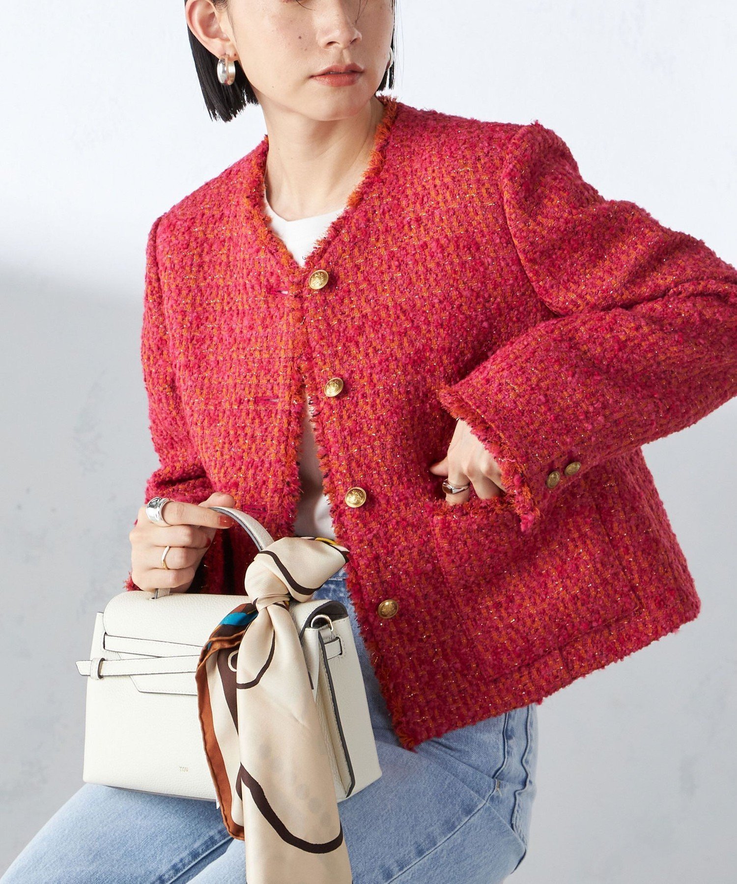 【シップス フォー ウィメン/SHIPS】のGIOLICA ツイード ノーカラー ジャケット インテリア・キッズ・メンズ・レディースファッション・服の通販 founy(ファニー) 　ファッション　Fashion　レディースファッション　Fashion for Women　アウター　Coat / Outerwear Collection　レディースジャケット・軽アウター　Jackets　ノーカラージャケット / シンプル上品コーデ　Collarless Jackets　イタリア　Italy　クラシック　Classic, Timeless Style　コンパクト　Compact, Small Size　ジャケット　Jacket, Outerwear　セットアップ　Set-Up, Coordinated Outfit　ツイード　Twill, Twill Weave　デニム　Denim, Jeans Material　バランス　Balance, Style Balance　フリンジ　Fringe, Tassel　フロント　Front, Front Design　プリント　Print, Printed Pattern　ベスト　Vest, Waistcoat　羽織　Haori, Light Jacket　ミックス　Mix, Mixed Style　ミリタリー　Military, Army Style　メタル　Metal, Metal Parts　モダン　Modern, Contemporary　ピンク|ID: prp329100004739359 ipo3291000000034507250