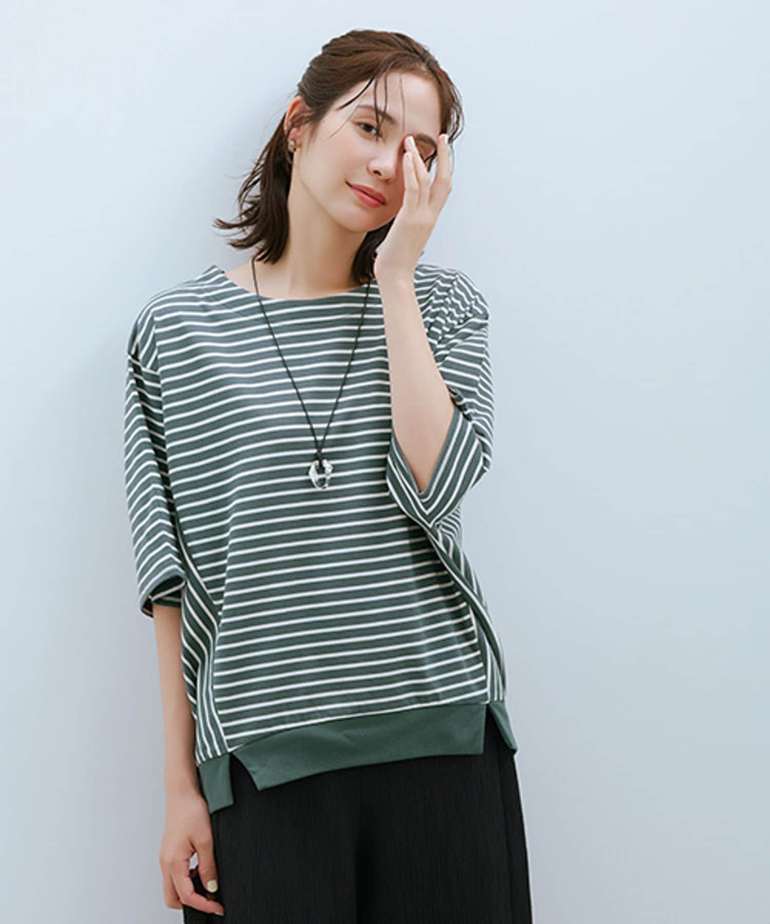【スタディオ クリップ/studio CLIP】の【ミカタプロジェクト】お悩み解決!細見えプルオーバー インテリア・キッズ・メンズ・レディースファッション・服の通販 founy(ファニー) 　ファッション　Fashion　レディースファッション　Fashion for Women　トップス・カットソー　Cut & Sew Tops　カジュアルプルオーバー・ニットトップス　Pullovers & Knit Tops / Casual Pullovers　カットソー　Cut and Sewn Top　スリーブ　Sleeve, Long Sleeve / Short Sleeve　ハーフ　Half, Half-Length　バランス　Balance, Style Balance　フレア　Flare, Flared　ボーダー　Border, Stripe　無地　Plain, Solid Color　ワイド　Wide, Wide Fit　おすすめ　Recommended / Our Picks　夏　Summer　グリーン×キナリ02|ID: prp329100004739410 ipo3291000000035242800