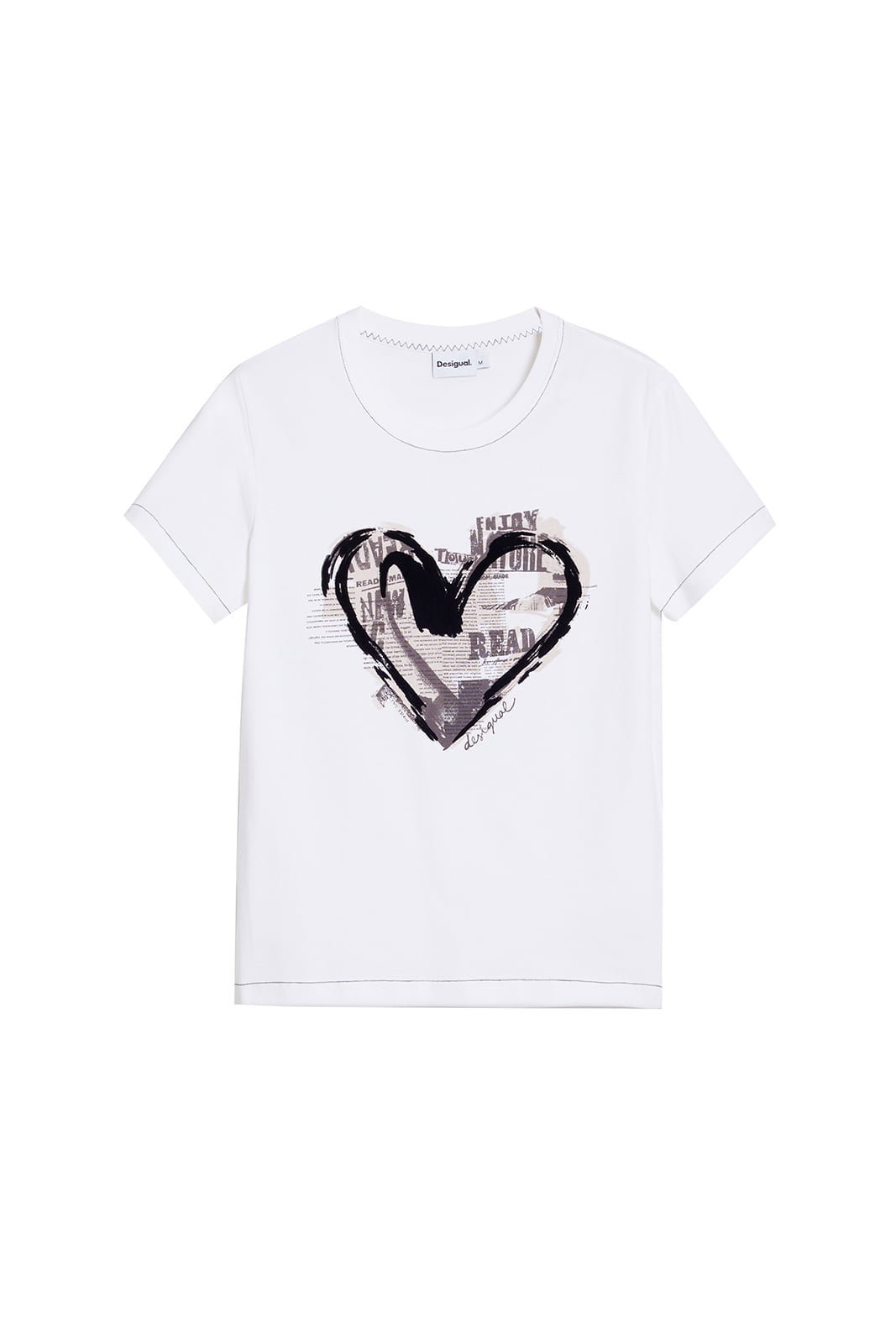 【デシグアル/Desigual】の新聞ハートプリントTシャツ ミニ丈 ブラック ホワイト インテリア・キッズ・メンズ・レディースファッション・服の通販 founy(ファニー) 　ファッション　Fashion　レディースファッション　Fashion for Women　トップス・カットソー　Cut & Sew Tops　シャツ・ブラウス・オフィスカジュアル　Elegant Blouses & Button-Ups　ロングTシャツ・Tシャツ　Longline T-Shirts & Tees　カラフル　Colorful Design　ガーリー　Girly, Feminine Style　グラフィック　Graphic, Graphic Design　シンプル　Simple, Minimal　デニム　Denim, Jeans Material　定番　Standard, Basic Item　パターン　Pattern, Design Print　プリント　Print, Printed Pattern　ベルベット　Velvet, Velvety　半袖　Short Sleeve, Half Sleeve　ラウンド　Round, Round Neck　エレガント 上品　Elegant　ホワイト/1000|ID: prp329100004739446 ipo3291000000034235775