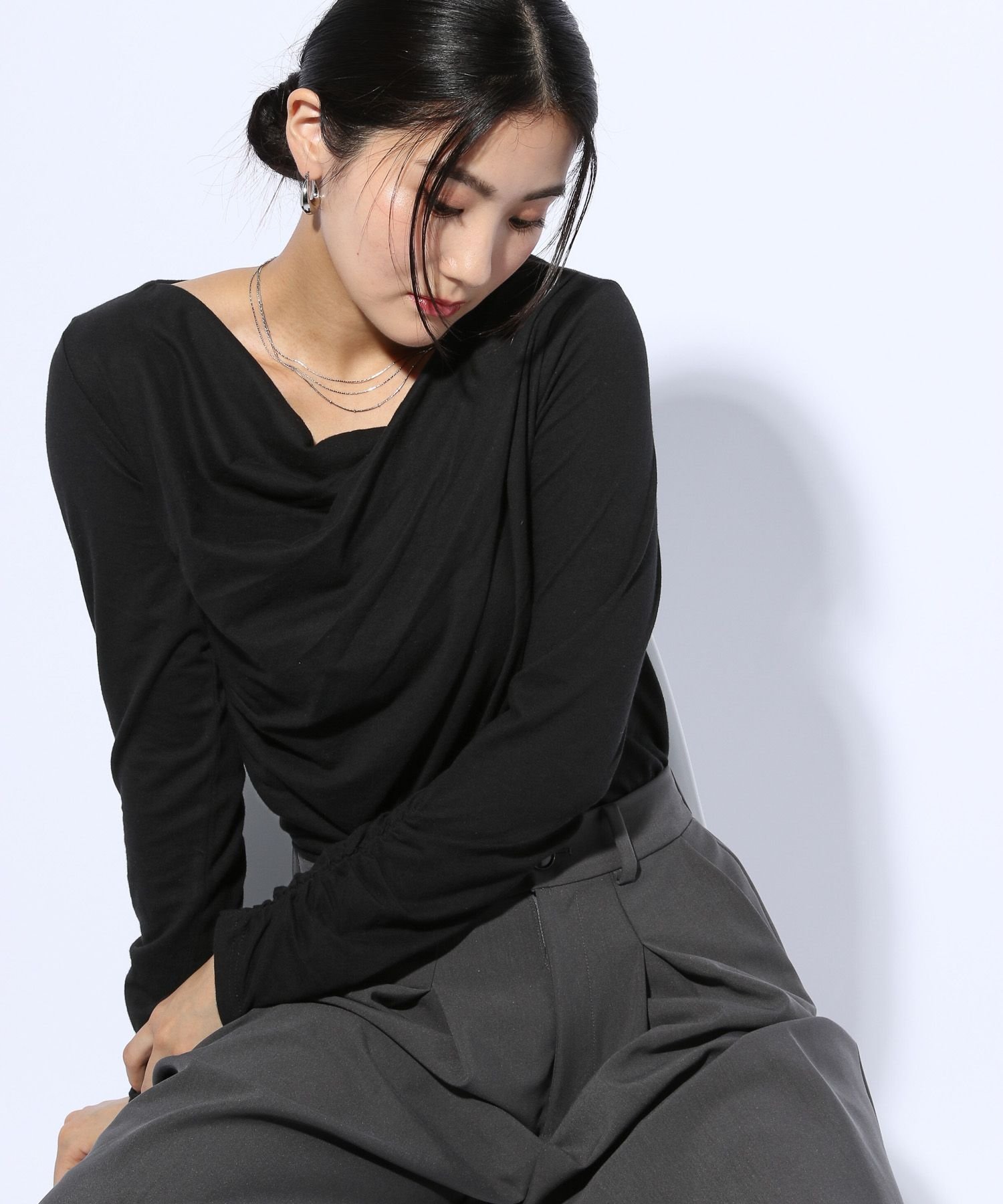 【グローバルワーク/GLOBAL WORK】のドレープトップス長袖/WEB限定/599665 人気、トレンドファッション・服の通販 founy(ファニー) 　ファッション　Fashion　レディースファッション　Fashion for Women　トップス・カットソー　Cut & Sew Tops　おすすめ　Recommended / Our Picks　カットソー　Cut and Sewn Top　ギャザー　Gathered, Ruffled　シンプル　Simple, Minimal　デニム　Denim, Jeans Material　トレンド　Trend, Trending Now　ドレープ　Drape, Draping Fabric　長袖　Long Sleeve, Full Sleeve　 other-1|ID: prp329100004739545 ipo3291000000034412991