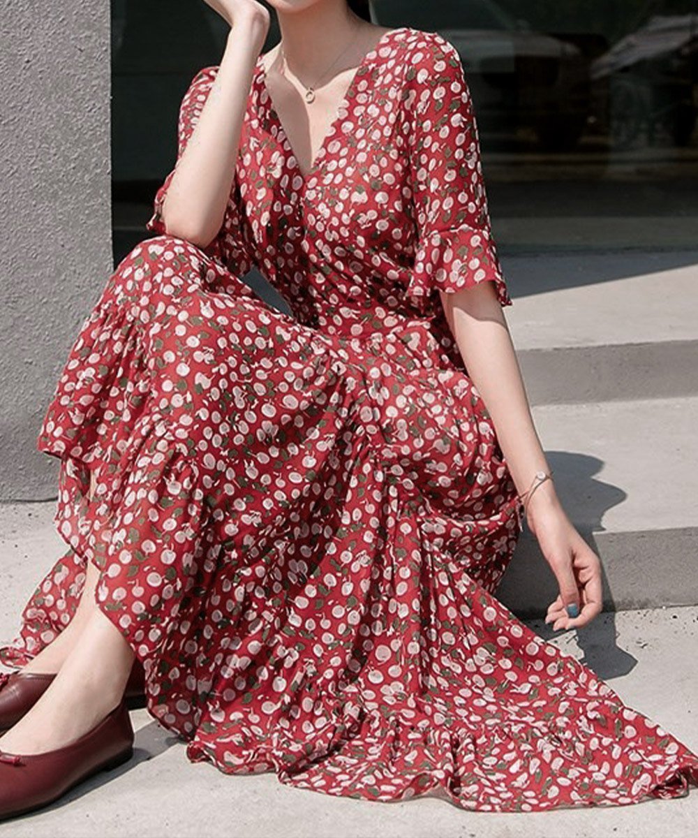 【ミニミニストア/miniministore】の花柄ワンピース5分袖ティアードワンピース インテリア・キッズ・メンズ・レディースファッション・服の通販 founy(ファニー) 　ファッション　Fashion　レディースファッション　Fashion for Women　ワンピース　Dresses　イエロー　Yellow　エレガント 上品　Elegant　オレンジ　Orange　ティアードワンピース　Tiered Dress, Flared Dress　フレア　Flare, Flared　リゾート　Resort, Vacation Style　ローズ　Rose, Rose Motif　夏　Summer　ワインレッド|ID: prp329100004739705 ipo3291000000034238429