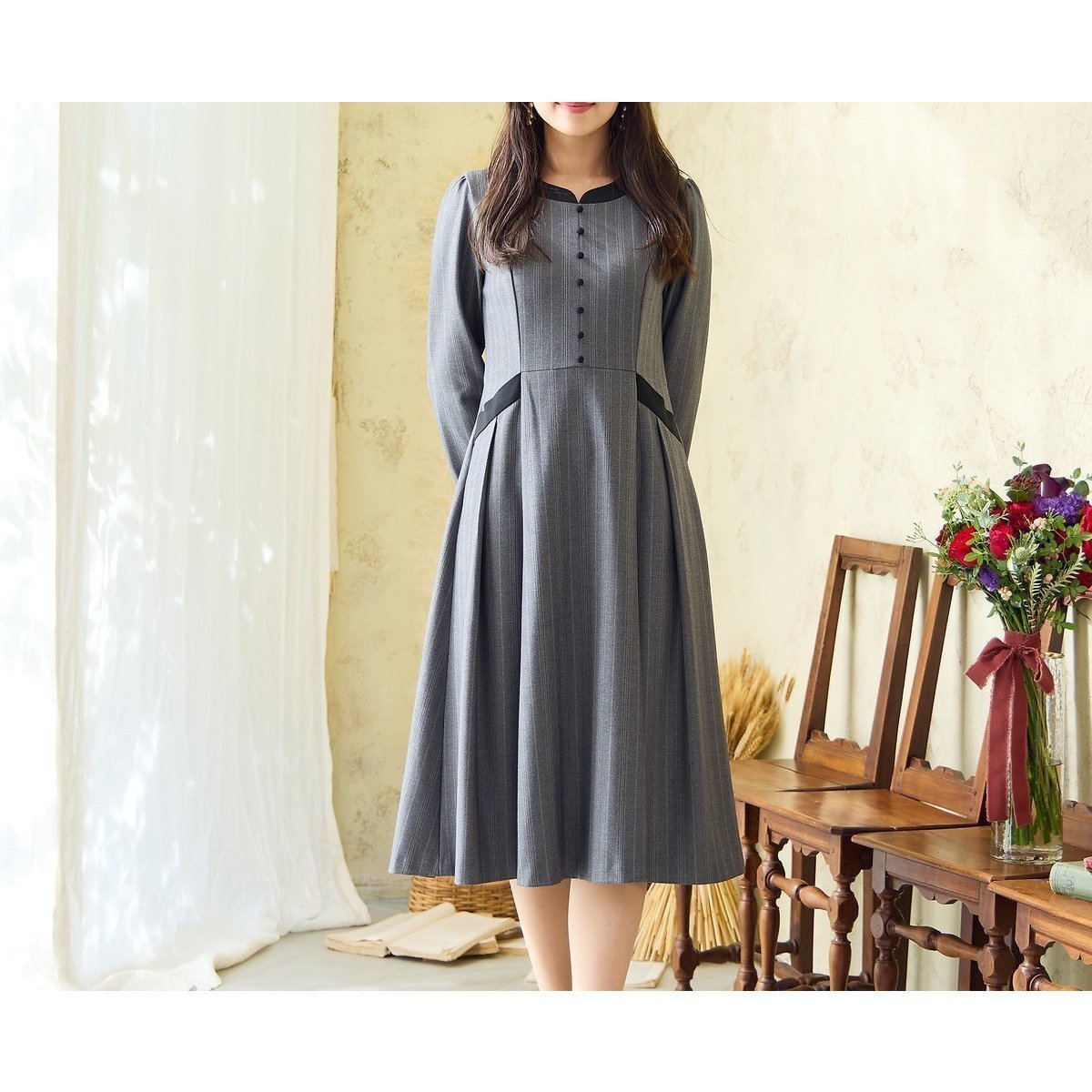 【ローズティアラ/Rose Tiara】の【吸湿発熱/毛玉になりにくい】配色切替クラシカルワンピース インテリア・キッズ・メンズ・レディースファッション・服の通販 founy(ファニー) ファッション Fashion レディースファッション Fashion for Women ワンピース Dresses クラシカル Classical, Vintage-Inspired フレア Flare, Flared ポケット Pocket, Pocket Detail リボン Ribbon, Bow エレガント 上品 Elegant 切替 Switching, Contrast Panel グレー|ID: prp329100004739740 ipo3291000000034589146