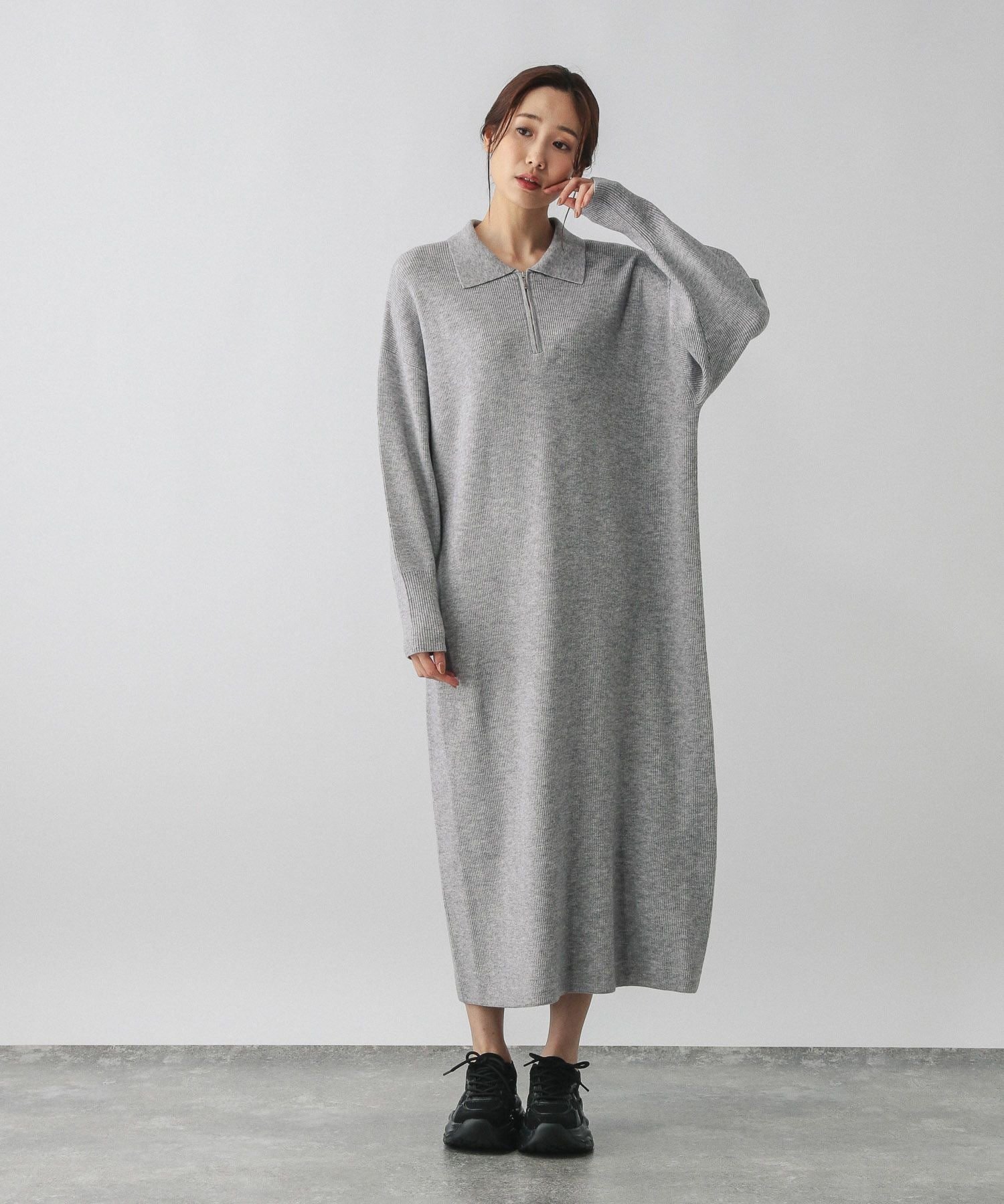 【グローバルワーク/GLOBAL WORK】のハーフZIPアゼニットワンピース/579499 インテリア・キッズ・メンズ・レディースファッション・服の通販 founy(ファニー) 　ファッション　Fashion　レディースファッション　Fashion for Women　ワンピース　Dresses　ニットワンピース　Knit Dresses　おすすめ　Recommended / Our Picks　スキッパー　Skipper, Open Collar　ハーフ　Half, Half-Length　リラックス　Relax, Relaxed Fit　エレガント 上品　Elegant　グレー12|ID: prp329100004739757 ipo3291000000034372875