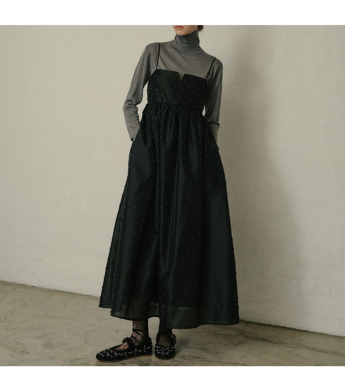 【ルシェル ブルー/LE CIEL BLEU】のジャカードキャミドレス / Jacquard Cami Dress インテリア・キッズ・メンズ・レディースファッション・服の通販 founy(ファニー) 　ファッション　Fashion　レディースファッション　Fashion for Women　トップス・カットソー　Cut & Sew Tops　キャミソール&ノースリーブ　Camisoles & Sleeveless Tops　ワンピース　Dresses　フォーマル・パーティードレス・結婚式用ドレス　Elegant & Casual Dresses　ドレス　Dress, One-Piece　フィット　Fit, Slim Fit　ラップ　Wrap, Wrap Design　リボン　Ribbon, Bow　水玉　Polka Dot, Dot Pattern　ブラック|ID: prp329100004739809 ipo3291000000034499735