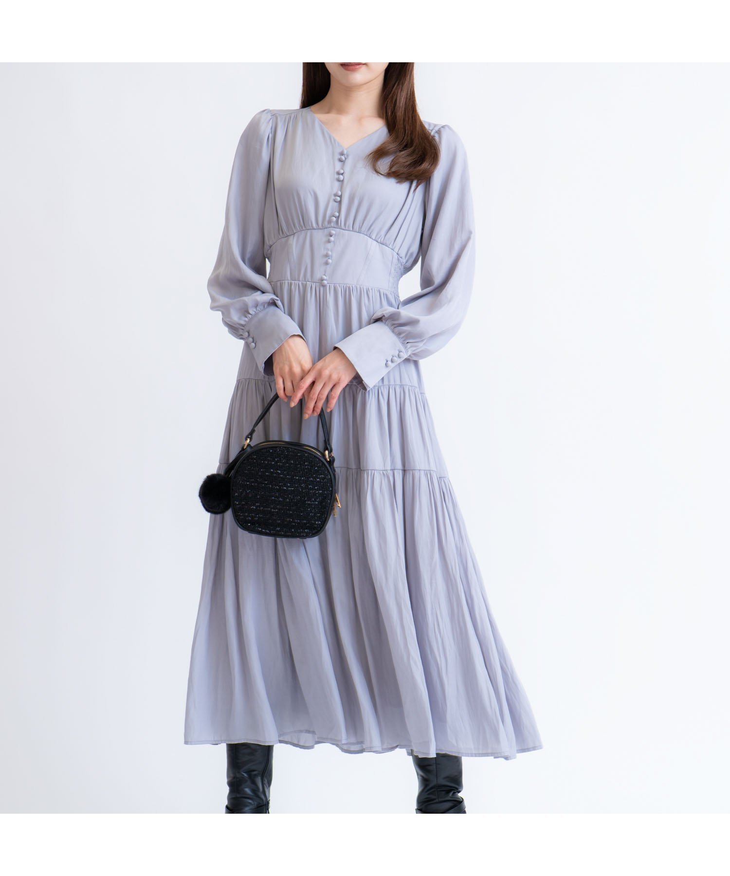 【ノエラ/Noela】のティアードサテンワンピース インテリア・キッズ・メンズ・レディースファッション・服の通販 founy(ファニー) 　ファッション　Fashion　レディースファッション　Fashion for Women　ワンピース　Dresses　エレガント 上品　Elegant　ギャザー　Gathered, Ruffled　サテン　Satin, Glossy Fabric　ポケット　Pocket, Pocket Detail　サックス|ID: prp329100004739822 ipo3291000000034380668