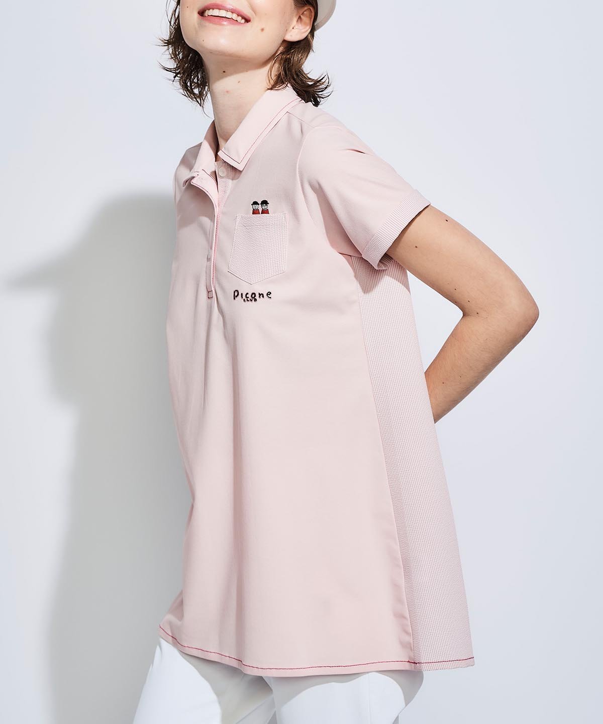 【ピッコーネクラブ/Picone Club】のステッチ襟ポロシャツ インテリア・キッズ・メンズ・レディースファッション・服の通販 founy(ファニー) 　ファッション　Fashion　レディースファッション　Fashion for Women　トップス・カットソー　Cut & Sew Tops　シャツ・ブラウス・オフィスカジュアル　Elegant Blouses & Button-Ups　ポロシャツ・きれいめカジュアル　Smart-Casual Polo Tops　サッカー　Seersucker, Summer Fabric　ストライプ　Stripe, Striped Pattern　チュニック　Tunic, Long Top　ポケット　Pocket, Pocket Detail　ポロシャツ　Polo Shirt, Collared Tee　切替　Switching, Contrast Panel　半袖　Short Sleeve, Half Sleeve　ピンク|ID: prp329100004739886 ipo3291000000034239996