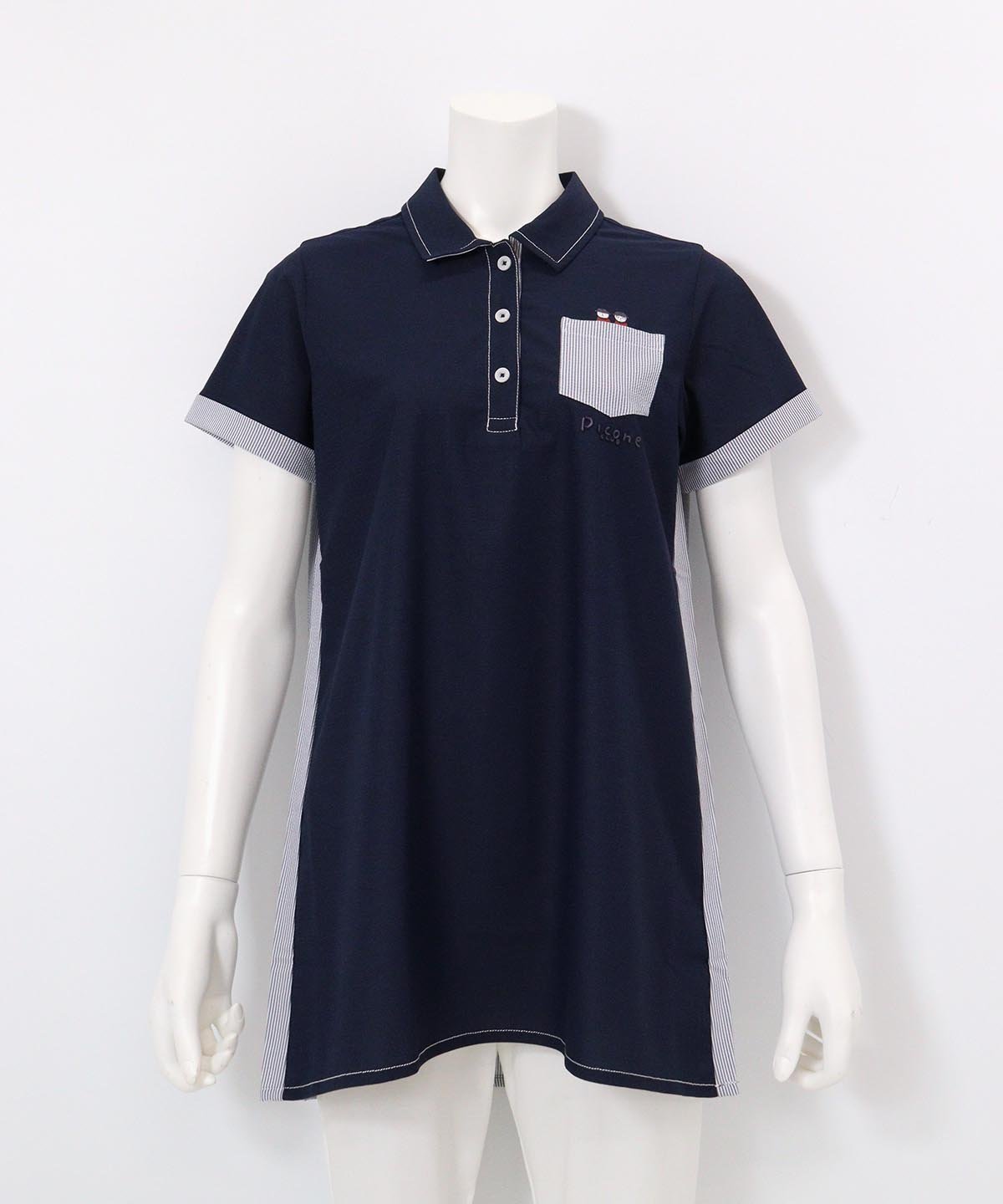 【ピッコーネクラブ/Picone Club】のステッチ襟ポロシャツ インテリア・キッズ・メンズ・レディースファッション・服の通販 founy(ファニー) 　ファッション　Fashion　レディースファッション　Fashion for Women　トップス・カットソー　Cut & Sew Tops　シャツ・ブラウス・オフィスカジュアル　Elegant Blouses & Button-Ups　ポロシャツ・きれいめカジュアル　Smart-Casual Polo Tops　サッカー　Seersucker, Summer Fabric　ストライプ　Stripe, Striped Pattern　チュニック　Tunic, Long Top　ポケット　Pocket, Pocket Detail　ポロシャツ　Polo Shirt, Collared Tee　切替　Switching, Contrast Panel　半袖　Short Sleeve, Half Sleeve　ネイビー|ID: prp329100004739886 ipo3291000000034239997