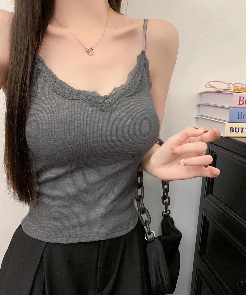 【ミニミニストア/miniministore】のVネックTシャツ レースキャミソール単品 インテリア・キッズ・メンズ・レディースファッション・服の通販 founy(ファニー) 　ファッション　Fashion　レディースファッション　Fashion for Women　トップス・カットソー　Cut & Sew Tops　キャミソール&ノースリーブ　Camisoles & Sleeveless Tops　シャツ・ブラウス・オフィスカジュアル　Elegant Blouses & Button-Ups　ロングTシャツ・Tシャツ　Longline T-Shirts & Tees　Vネックトップス　V-Neck Tops / V-Cut Neckline Shirts　カットソー　Cut and Sewn Top　キャミソール　Camisole, Spaghetti Strap Top　シンプル　Simple, Minimal　デニム　Denim, Jeans Material　半袖　Short Sleeve, Half Sleeve　無地　Plain, Solid Color　レース　Lace, Lace Fabric　夏　Summer　グレー系2(キャミ)|ID: prp329100004740490 ipo3291000000034247070