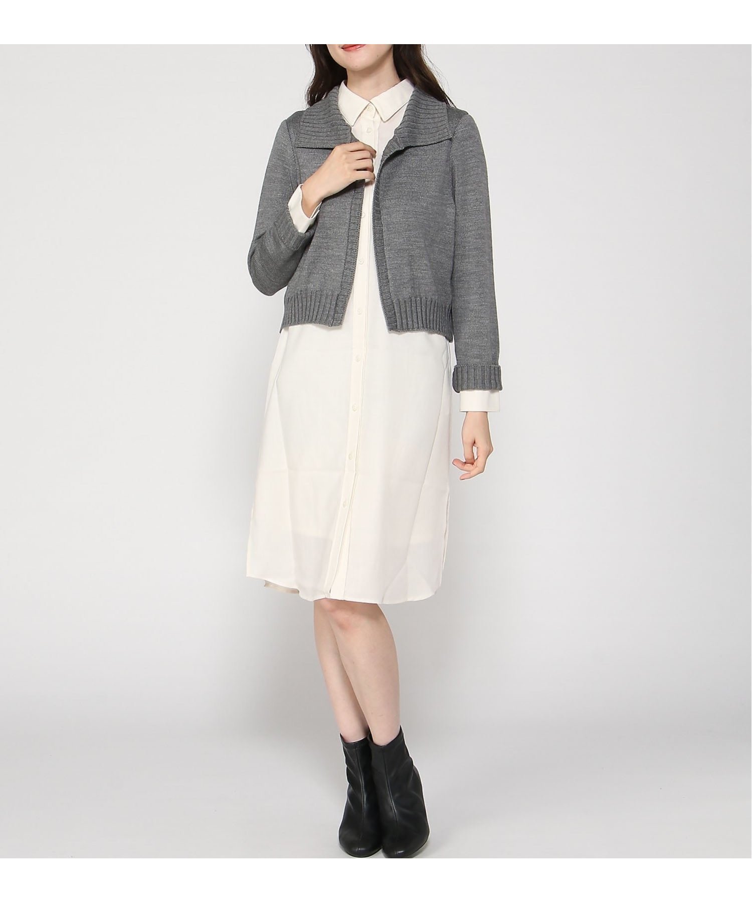 【エルミダ/EL MIDAS】のEL MIDAS/カーディガンコンビシャツワンピース インテリア・キッズ・メンズ・レディースファッション・服の通販 founy(ファニー) 　ファッション　Fashion　レディースファッション　Fashion for Women　ワンピース　Dresses　シャツワンピース / 1枚で着映えコーデ　Shirt Dresses　S.Gray|ID: prp329100004740650 ipo3291000000034249110