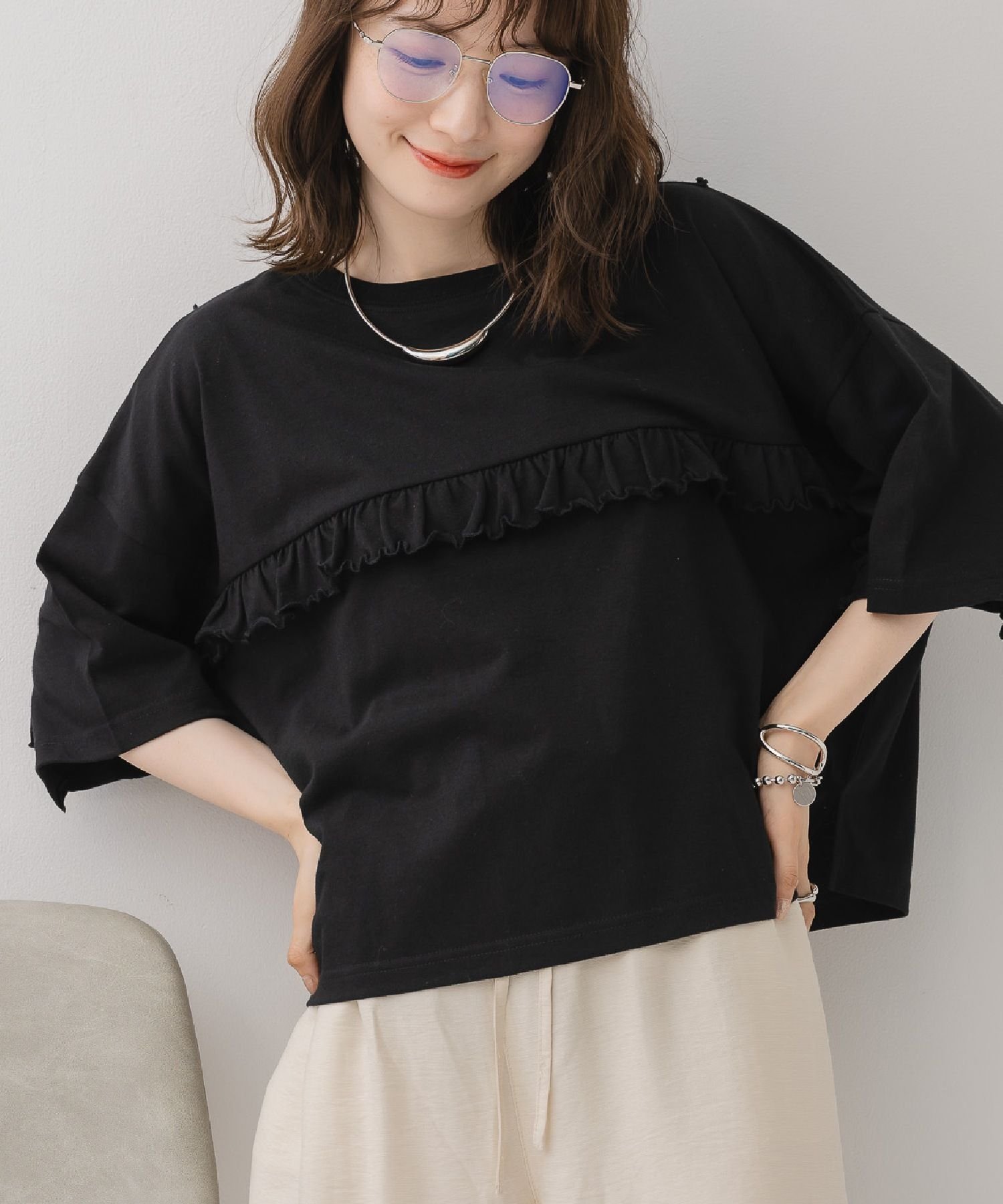 【レトロガール/RETRO GIRL】の2wayフリルラインTEE 人気、トレンドファッション・服の通販 founy(ファニー) 　ファッション　Fashion　レディースファッション　Fashion for Women　シンプル　Simple, Minimal　デニム　Denim, Jeans Material　トレンド　Trend, Trending Now　フリル　Frill, Ruffle　フレア　Flare, Flared　ベーシック　Basic, Essential　ペプラム　Peplum, Flared Hem　夏　Summer　 other-1|ID: prp329100004740730 ipo3291000000034249860
