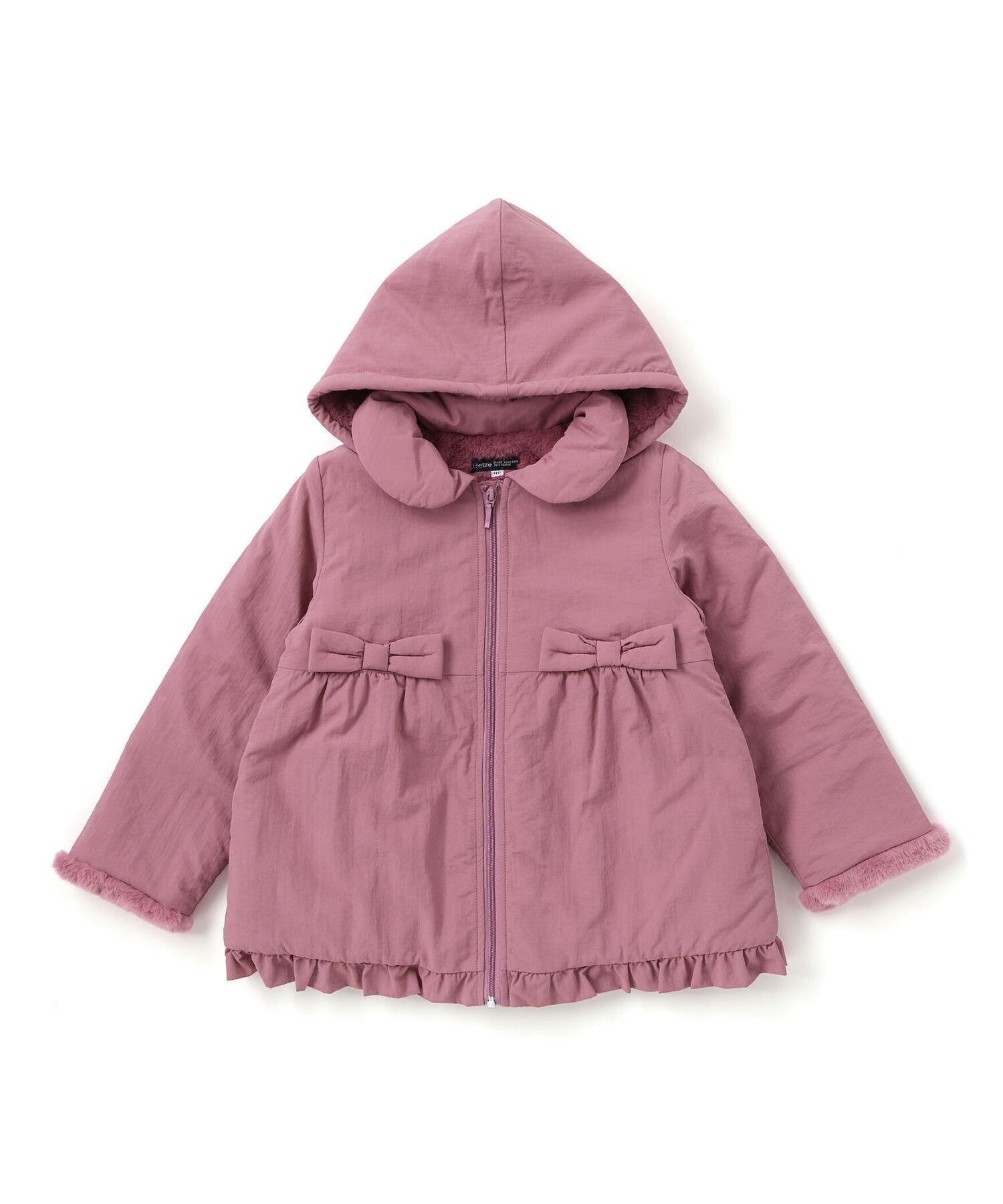 【ベベ オンライン ストア/BEBE ONLINE STORE / KIDS】の【撥水加工】ヴィンテージタフタ裏ファー裾フリルフードブルゾン(80~150cm) インテリア・キッズ・メンズ・レディースファッション・服の通販 founy(ファニー) 　ファッション　Fashion　キッズファッション　Fashion for Kids　コレクション　Collection, Seasonal Line　シンプル　Simple, Minimal　タフタ　Taffeta, Structured Fabric　なめらか　Smooth, Silky Texture　人気　Popular, Best Seller　フェイクファー　Faux Fur, Imitation Fur　フラワー　Flower, Floral　フランス　France, French　フリル　Frill, Ruffle　ブルゾン　Blouson, Bomber Jacket　ベーシック　Basic, Essential　モチーフ　Motif, Design Theme　リボン　Ribbon, Bow　ローズ　Rose, Rose Motif　ワンポイント　One Point, Statement Accent　A/W・秋冬　Autumn/Winter　おすすめ　Recommended / Our Picks　2025年　2025　2025-2026秋冬・A/W　Autumn/Winter 2025–26 AW25–26　ピンク|ID: prp329100004740970 ipo3291000000035023807
