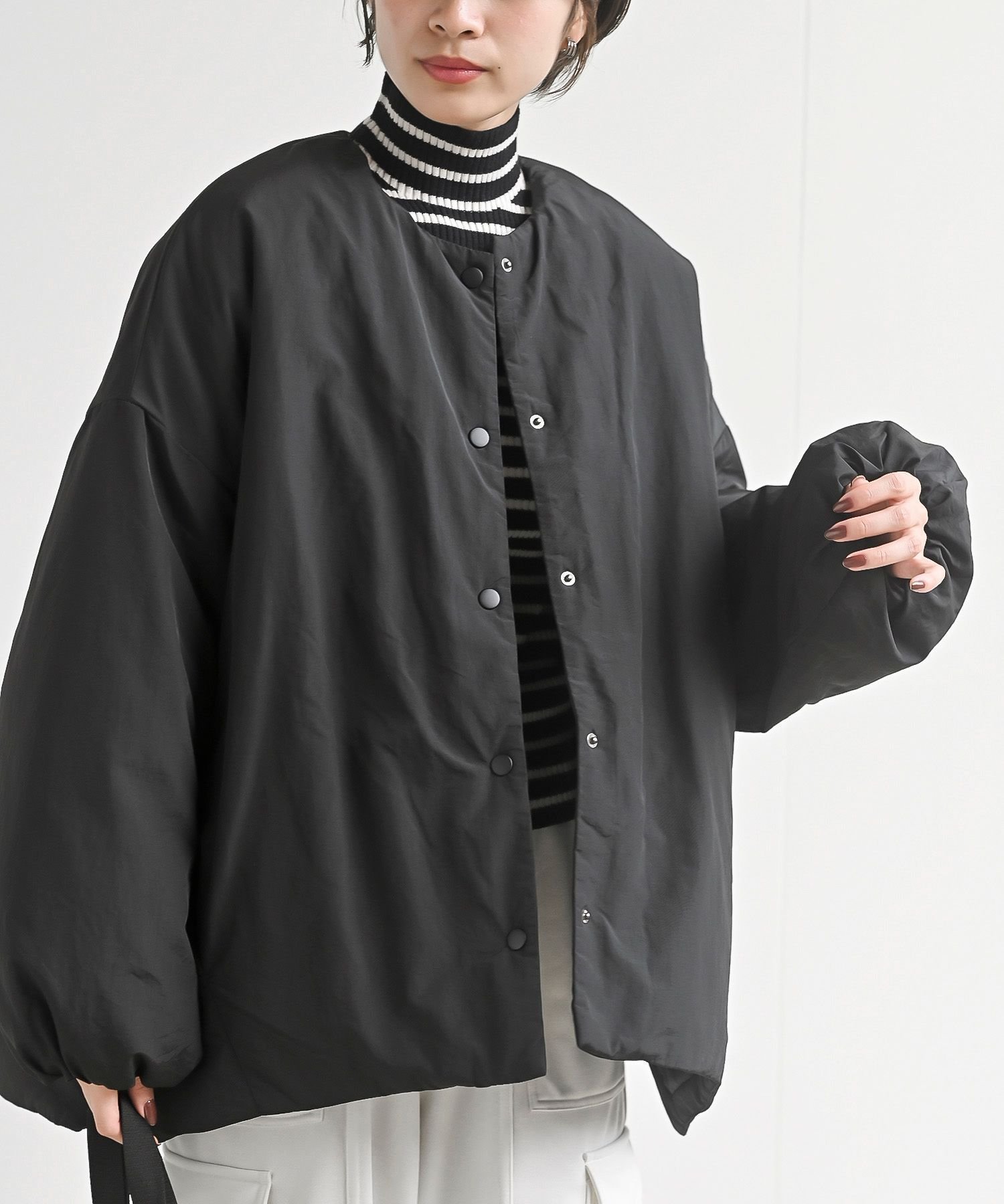 【アールピーエス/rps】のナイロン中綿ノーカラージャケット インテリア・キッズ・メンズ・レディースファッション・服の通販 founy(ファニー) 　ファッション　Fashion　レディースファッション　Fashion for Women　アウター　Coat / Outerwear Collection　レディースジャケット・軽アウター　Jackets　ノーカラージャケット / シンプル上品コーデ　Collarless Jackets　ジャケット　Jacket, Outerwear　スリット　Slit, Slit Detail　ダウン　Down, Puffer　再入荷　Restock / Back in Stock　ブラック|ID: prp329100004741676 ipo3291000000034893822