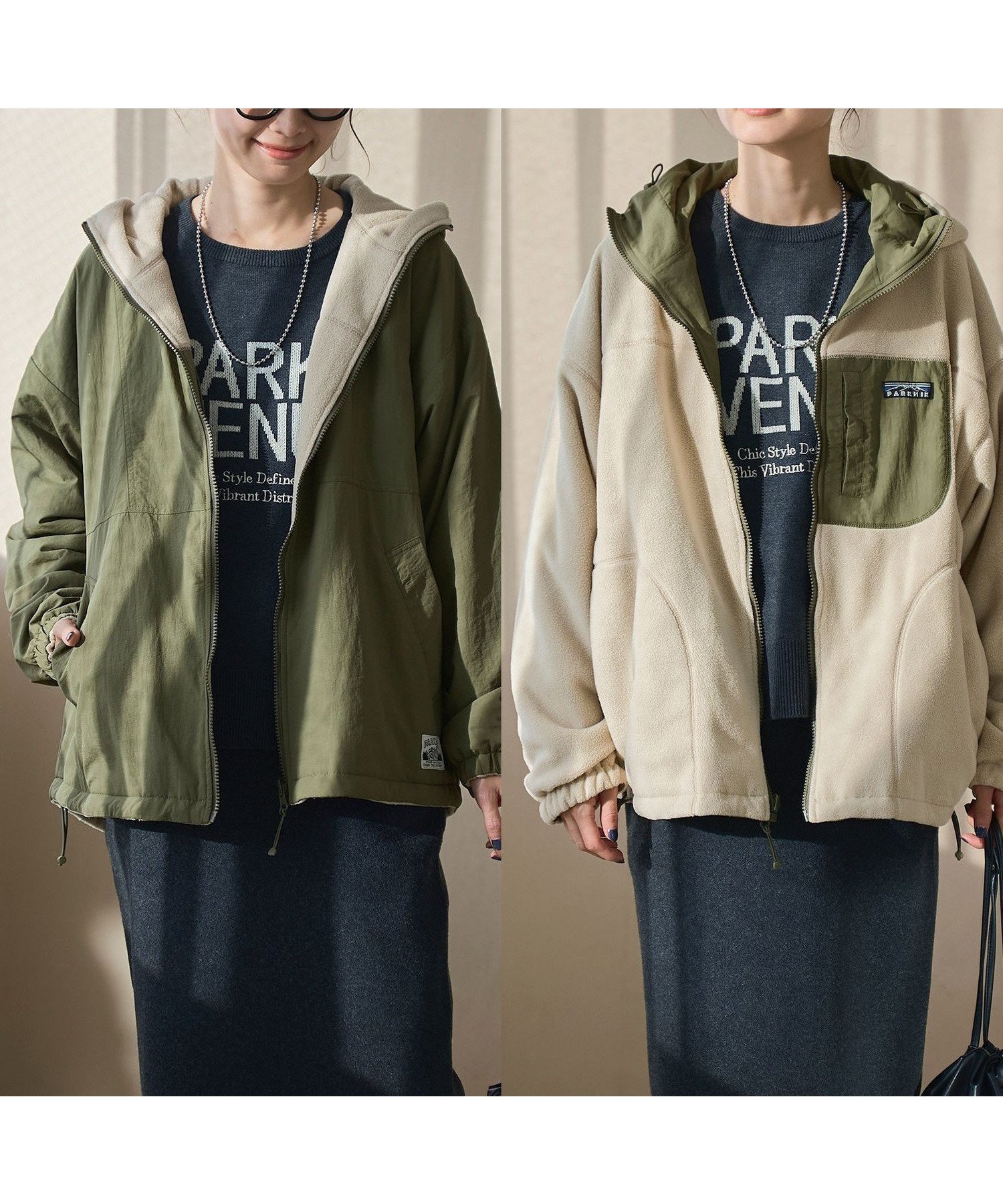 【コーエン/COEN】のPARKNIKリバーシブルフーディー インテリア・キッズ・メンズ・レディースファッション・服の通販 founy(ファニー) 　ファッション　Fashion　レディースファッション　Fashion for Women　切替　Switching, Contrast Panel　スウェット / スエット　Sweatshirt, Sweatwear　スポーティ　Sporty, Casual Athletic　デニム　Denim, Jeans Material　ドローコード　Drawcord, Drawstring Cord　バランス　Balance, Style Balance　パーカー　Hoodie, Parka　フレア　Flare, Flared　ブルゾン　Blouson, Bomber Jacket　ポケット　Pocket, Pocket Detail　防寒　Cold Protection, Winter-Ready　リバーシブル　Reversible, Two-Sided　おすすめ　Recommended / Our Picks　OLIVE|ID: prp329100004741799 ipo3291000000034915997