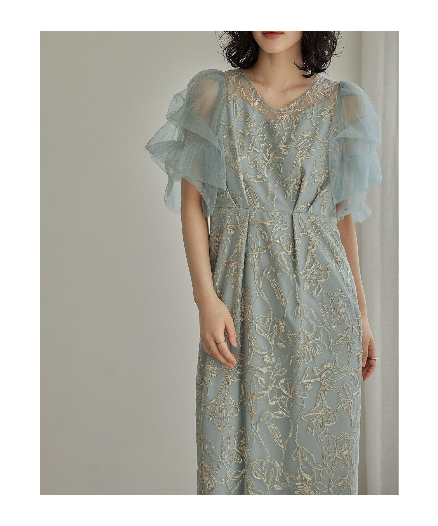 【ビーフラット/bflat】のフラフィースリーブペンシルドレス 結婚式 パーティードレス オケージョンドレス インテリア・キッズ・メンズ・レディースファッション・服の通販 founy(ファニー) 　ファッション　Fashion　レディースファッション　Fashion for Women　ワンピース　Dresses　フォーマル・パーティードレス・結婚式用ドレス　Elegant & Casual Dresses　エアリー　Airy Texture　チュール　Tulip, Tulip Motif　ドレス　Dress, One-Piece　ペンシル　Pencil, Pencil Skirt　レース　Lace, Lace Fabric　おすすめ　Recommended / Our Picks　エレガント 上品　Elegant　結婚式　Wedding　披露宴　Wedding Reception　二次会　After Party　ブルー|ID: prp329100004741848 ipo3291000000034263514