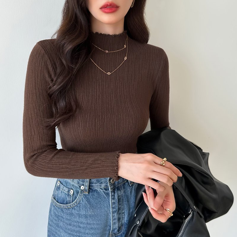 【ココモモ/COCOMOMO】のハイネック メロウフリル リブカットソー レディース フリルハイネック 長袖 インテリア・キッズ・メンズ・レディースファッション・服の通販 founy(ファニー) ファッション Fashion レディースファッション Fashion for Women トップス・カットソー Cut & Sew Tops カットソー・ベーシックTシャツ Cut-and-Sewn Tops / Stretch Tees & Basics イエロー Yellow オレンジ Orange ストレッチ Stretch, Stretchy Fabric ハイネック High Neck, Mock Neck フリル Frill, Ruffle 長袖 Long Sleeve, Full Sleeve ダークブラウン|ID: prp329100004741887 ipo3291000000034795281