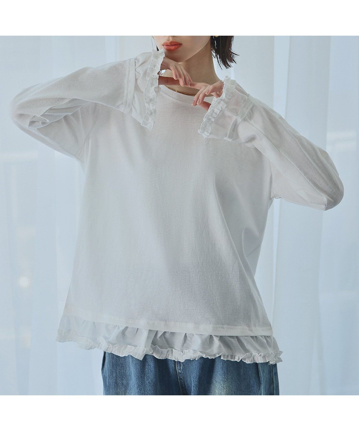 【ガール/GIRL】のフリルドッキングロングスリーブTシャツ カットソー インテリア・キッズ・メンズ・レディースファッション・服の通販 founy(ファニー) 　ファッション　Fashion　レディースファッション　Fashion for Women　トップス・カットソー　Cut & Sew Tops　シャツ・ブラウス・オフィスカジュアル　Elegant Blouses & Button-Ups　ロングTシャツ・Tシャツ　Longline T-Shirts & Tees　カットソー・ベーシックTシャツ　Cut-and-Sewn Tops / Stretch Tees & Basics　インナー　Innerwear　カットソー　Cut and Sewn Top　カーディガン　Cardigan, Knitwear　シンプル　Simple, Minimal　ジャケット　Jacket, Outerwear　スリーブ　Sleeve, Long Sleeve / Short Sleeve　デニム　Denim, Jeans Material　フェミニン　Feminine, Girly　フリル　Frill, Ruffle　リラックス　Relax, Relaxed Fit　ロング　Long, Long-Length　WH|ID: prp329100004741970 ipo3291000000034264795