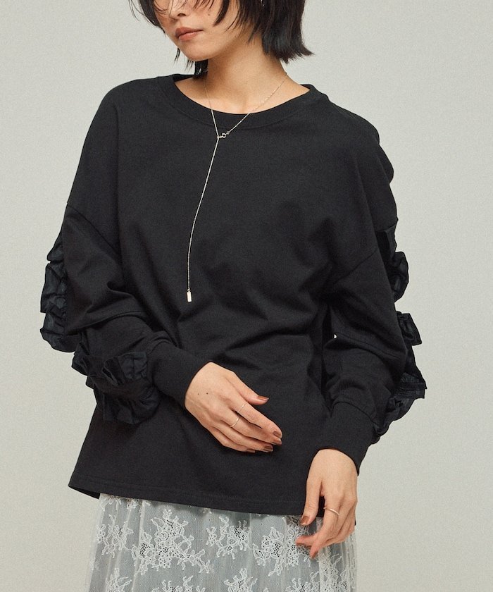 【フリークスストア/FREAK'S STORE】のオーガニックコットン 袖フリル ロングスリーブTシャツ / 長袖TEE 25AW インテリア・キッズ・メンズ・レディースファッション・服の通販 founy(ファニー) 　ファッション　Fashion　レディースファッション　Fashion for Women　トップス・カットソー　Cut & Sew Tops　シャツ・ブラウス・オフィスカジュアル　Elegant Blouses & Button-Ups　ロングTシャツ・Tシャツ　Longline T-Shirts & Tees　スラックス　Slacks, Dress Pants　スリーブ　Sleeve, Long Sleeve / Short Sleeve　デニム　Denim, Jeans Material　長袖　Long Sleeve, Full Sleeve　フリル　Frill, Ruffle　ロング　Long, Long-Length　A/W・秋冬　Autumn/Winter　冬　Winter / This Winter　おすすめ　Recommended / Our Picks　2025年　2025　2025-2026秋冬・A/W　Autumn/Winter 2025–26 AW25–26　ブラック|ID: prp329100004742176 ipo3291000000034266804