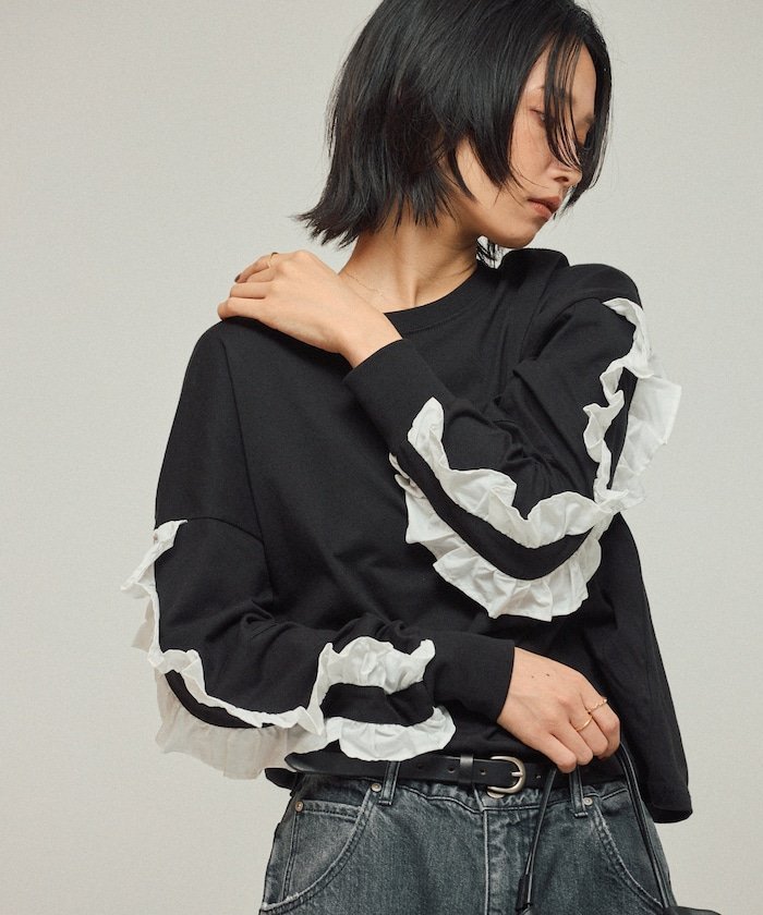 【フリークスストア/FREAK'S STORE】のオーガニックコットン 袖フリル ロングスリーブTシャツ / 長袖TEE 25AW インテリア・キッズ・メンズ・レディースファッション・服の通販 founy(ファニー) 　ファッション　Fashion　レディースファッション　Fashion for Women　トップス・カットソー　Cut & Sew Tops　シャツ・ブラウス・オフィスカジュアル　Elegant Blouses & Button-Ups　ロングTシャツ・Tシャツ　Longline T-Shirts & Tees　スラックス　Slacks, Dress Pants　スリーブ　Sleeve, Long Sleeve / Short Sleeve　デニム　Denim, Jeans Material　長袖　Long Sleeve, Full Sleeve　フリル　Frill, Ruffle　ロング　Long, Long-Length　A/W・秋冬　Autumn/Winter　冬　Winter / This Winter　おすすめ　Recommended / Our Picks　2025年　2025　2025-2026秋冬・A/W　Autumn/Winter 2025–26 AW25–26　その他/柄1|ID: prp329100004742176 ipo3291000000034266805