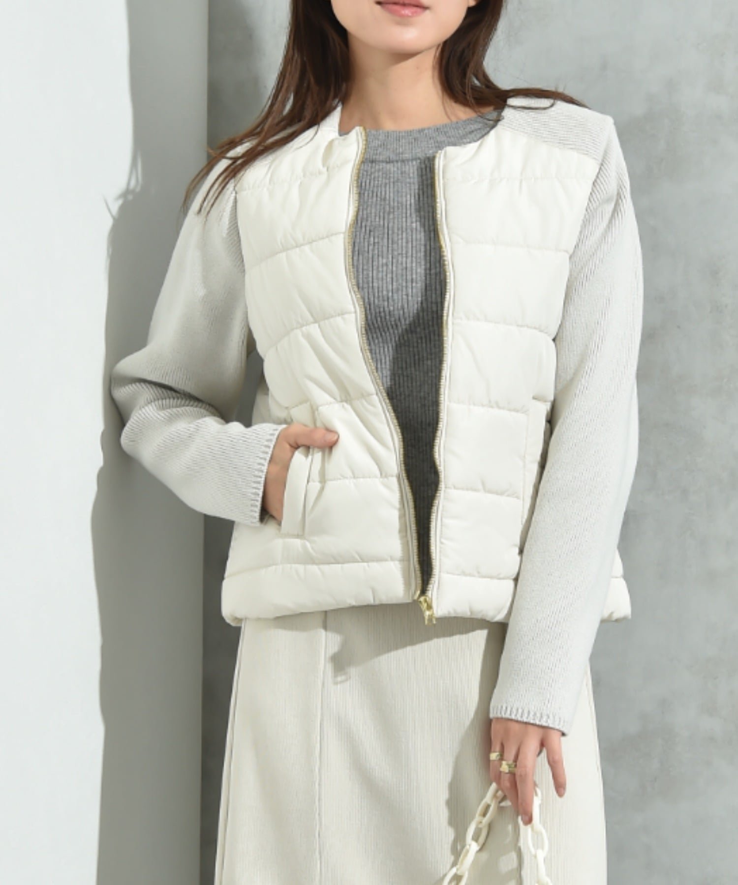 【インタープラネット/INTERPLANET】の中綿*ニット切替ノーカラージャケット 人気、トレンドファッション・服の通販 founy(ファニー) 　ファッション　Fashion　レディースファッション　Fashion for Women　アウター　Coat / Outerwear Collection　レディースジャケット・軽アウター　Jackets　ノーカラージャケット / シンプル上品コーデ　Collarless Jackets　キルト　Quilt, Quilted Fabric　ジャケット　Jacket, Outerwear　ダウン　Down, Puffer　ベーシック　Basic, Essential　切替　Switching, Contrast Panel　旅行　Travel　ビジネス 仕事 通勤　Business / Work / Commuting　 other-1|ID: prp329100004742590 ipo3291000000034499251