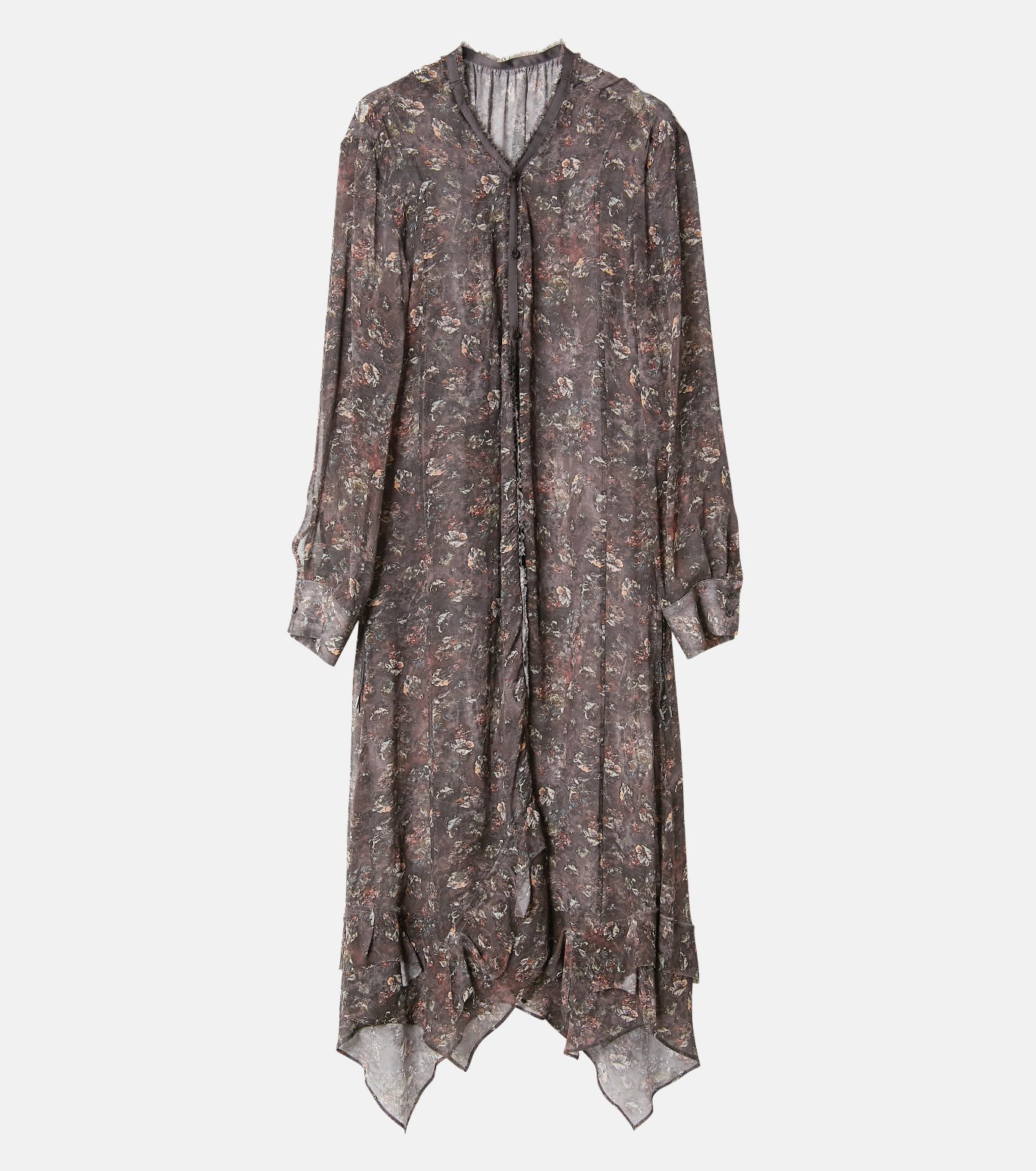 【ルシェル ブルー/LE CIEL BLEU】のギャザードレスフローラルミネラルプリント / Gathered Dressw/Floral Mineral Print インテリア・キッズ・メンズ・レディースファッション・服の通販 founy(ファニー) 　ファッション　Fashion　レディースファッション　Fashion for Women　ワンピース　Dresses　フォーマル・パーティードレス・結婚式用ドレス　Elegant & Casual Dresses　ジーンズ　Jeans, Denim Pants　スウェット / スエット　Sweatshirt, Sweatwear　スピンドル　Spindle, Drawcord　ドレス　Dress, One-Piece　ヘムライン　Hemline, Bottom Cut　ランダム　Random, Irregular　ブラウン|ID: prp329100004742959 ipo3291000000034274193