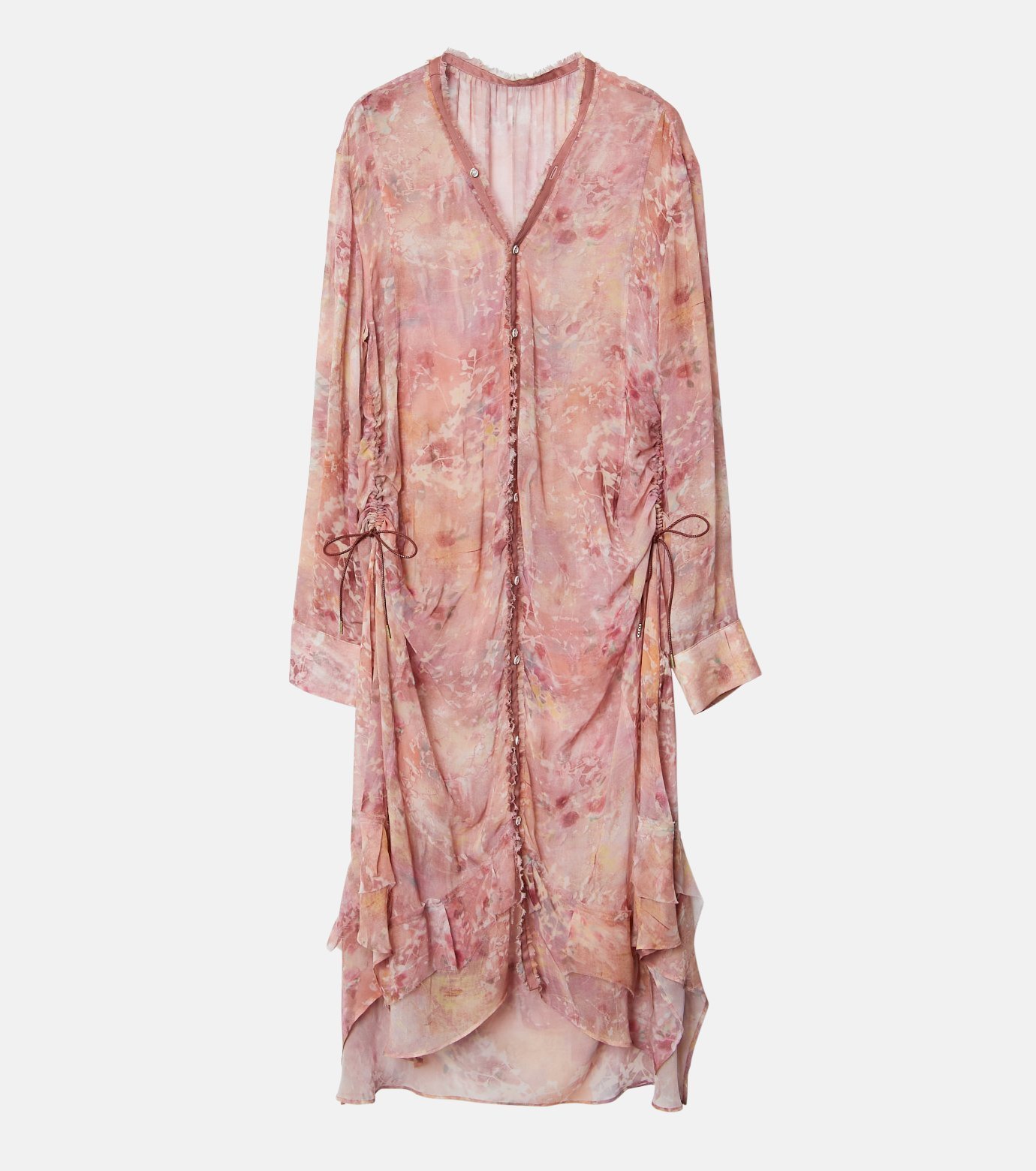 【ルシェル ブルー/LE CIEL BLEU】のギャザードレスフローラルミネラルプリント / Gathered Dressw/Floral Mineral Print インテリア・キッズ・メンズ・レディースファッション・服の通販 founy(ファニー) 　ファッション　Fashion　レディースファッション　Fashion for Women　ワンピース　Dresses　フォーマル・パーティードレス・結婚式用ドレス　Elegant & Casual Dresses　ジーンズ　Jeans, Denim Pants　スウェット / スエット　Sweatshirt, Sweatwear　スピンドル　Spindle, Drawcord　ドレス　Dress, One-Piece　ヘムライン　Hemline, Bottom Cut　ランダム　Random, Irregular　ライトピンク|ID: prp329100004742959 ipo3291000000034274196