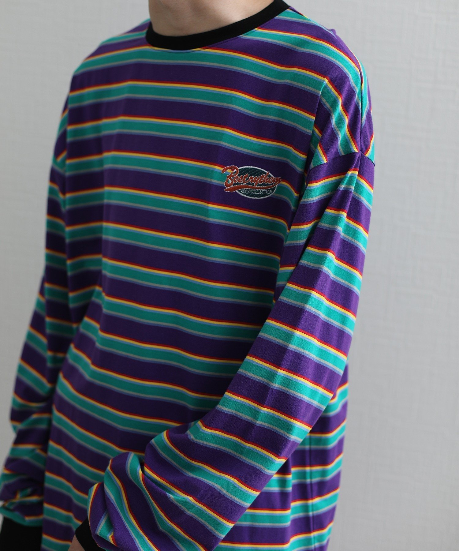 【アイモハ/aimoha】のHOOK -original- アメカジワッペン刺繍配色ボーダーリンガーロングTEE インテリア・キッズ・メンズ・レディースファッション・服の通販 founy(ファニー) 　ファッション　Fashion　レディースファッション　Fashion for Women　インナー　Innerwear　ボーダー　Border, Stripe　ルーズ　Loose, Oversized　今季　This Season, Current Season　ブラック|ID: prp329100004742962 ipo3291000000034274219