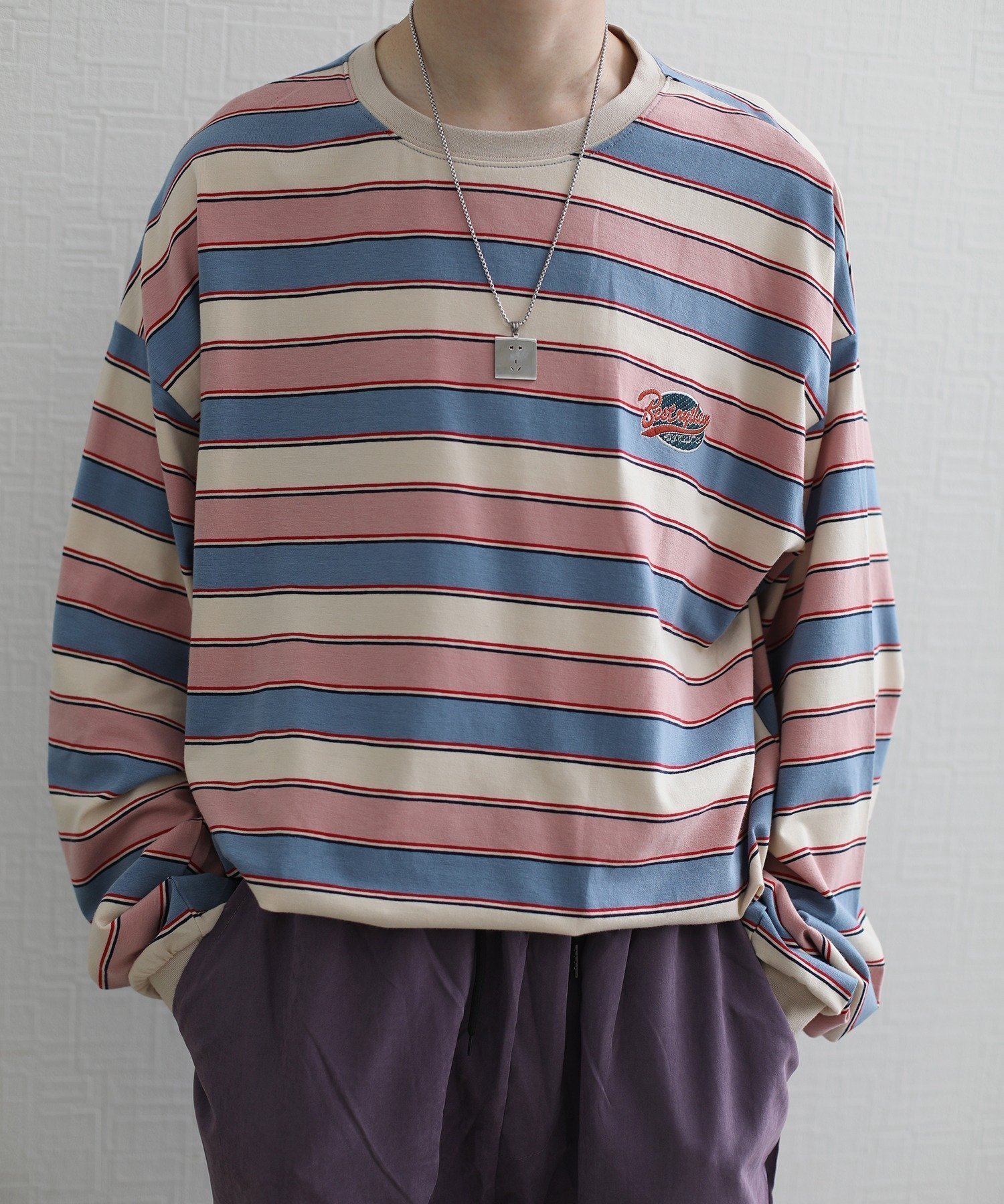 【アイモハ/aimoha】のHOOK -original- アメカジワッペン刺繍配色ボーダーリンガーロングTEE インテリア・キッズ・メンズ・レディースファッション・服の通販 founy(ファニー) 　ファッション　Fashion　レディースファッション　Fashion for Women　インナー　Innerwear　ボーダー　Border, Stripe　ルーズ　Loose, Oversized　今季　This Season, Current Season　ピンク|ID: prp329100004742962 ipo3291000000034274222