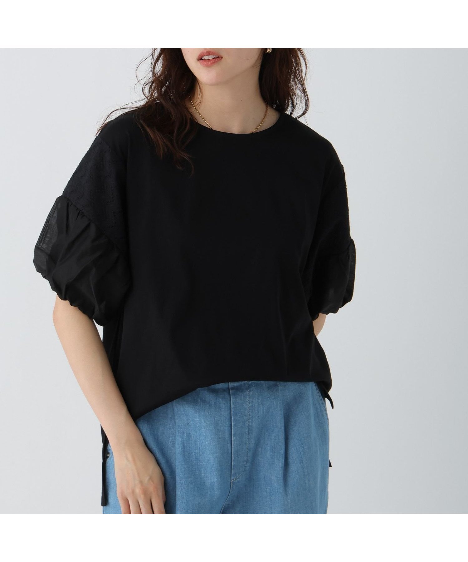 【エルーラ/Elura】の袖コンレースコンビプルオーバー/498753 インテリア・キッズ・メンズ・レディースファッション・服の通販 founy(ファニー) 　ファッション　Fashion　レディースファッション　Fashion for Women　トップス・カットソー　Cut & Sew Tops　カジュアルプルオーバー・ニットトップス　Pullovers & Knit Tops / Casual Pullovers　アクセサリー　Fashion Accessories　シアー　Sheer, See-Through　スリーブ　Sleeve, Long Sleeve / Short Sleeve　バルーン　Balloon, Balloon Silhouette　マニッシュ　Mannish, Boyish　レース　Lace, Lace Fabric　エレガント 上品　Elegant　ブラック09|ID: prp329100004742991 ipo3291000000034274394