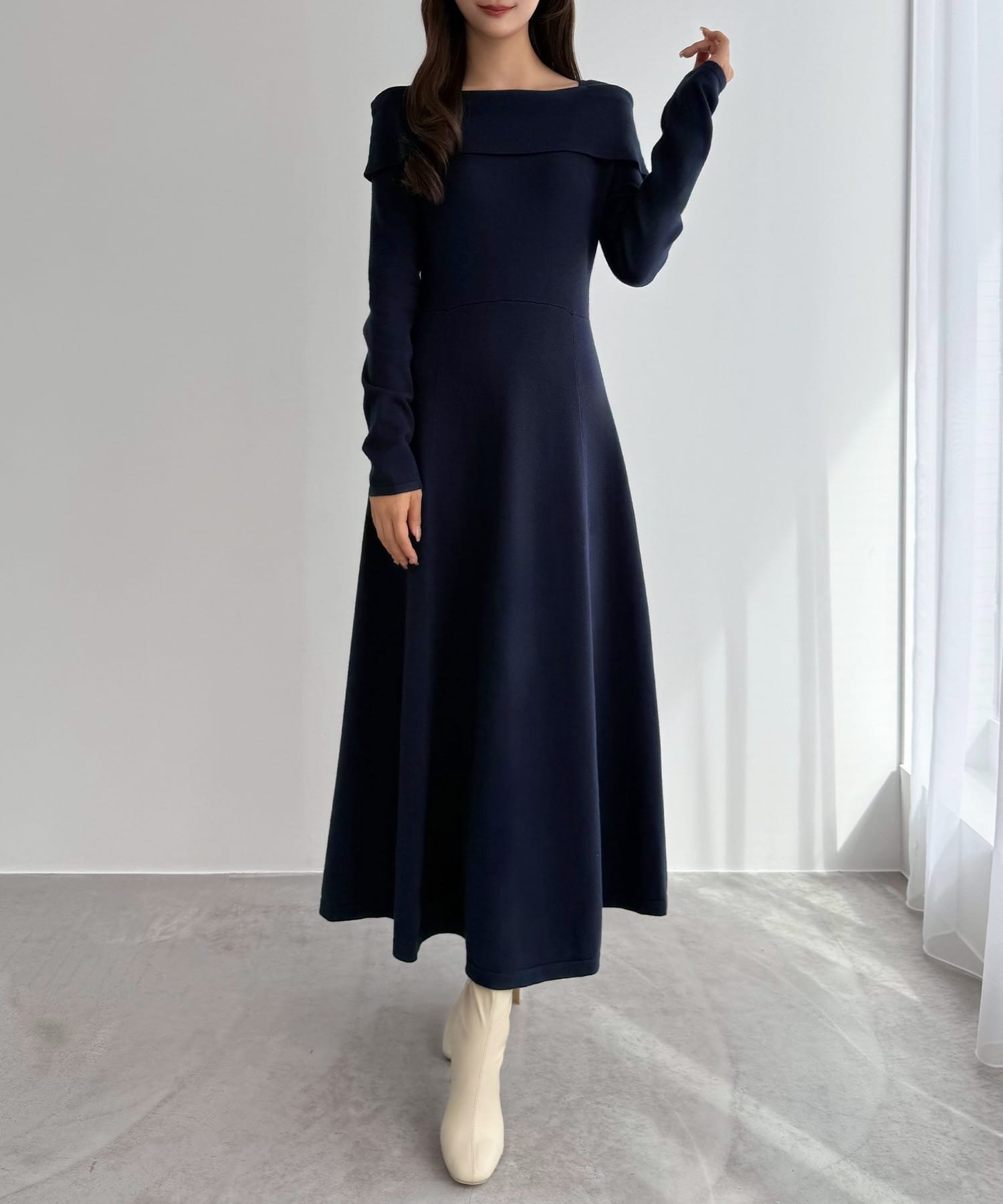 【ジュノア/JUNOAH】のCENEA オフショル風スクエアネックロングニットワンピ インテリア・キッズ・メンズ・レディースファッション・服の通販 founy(ファニー) 　ファッション　Fashion　レディースファッション　Fashion for Women　ワンピース　Dresses　ニットワンピース　Knit Dresses　ネイビー|ID: prp329100004742995 ipo3291000000034578850