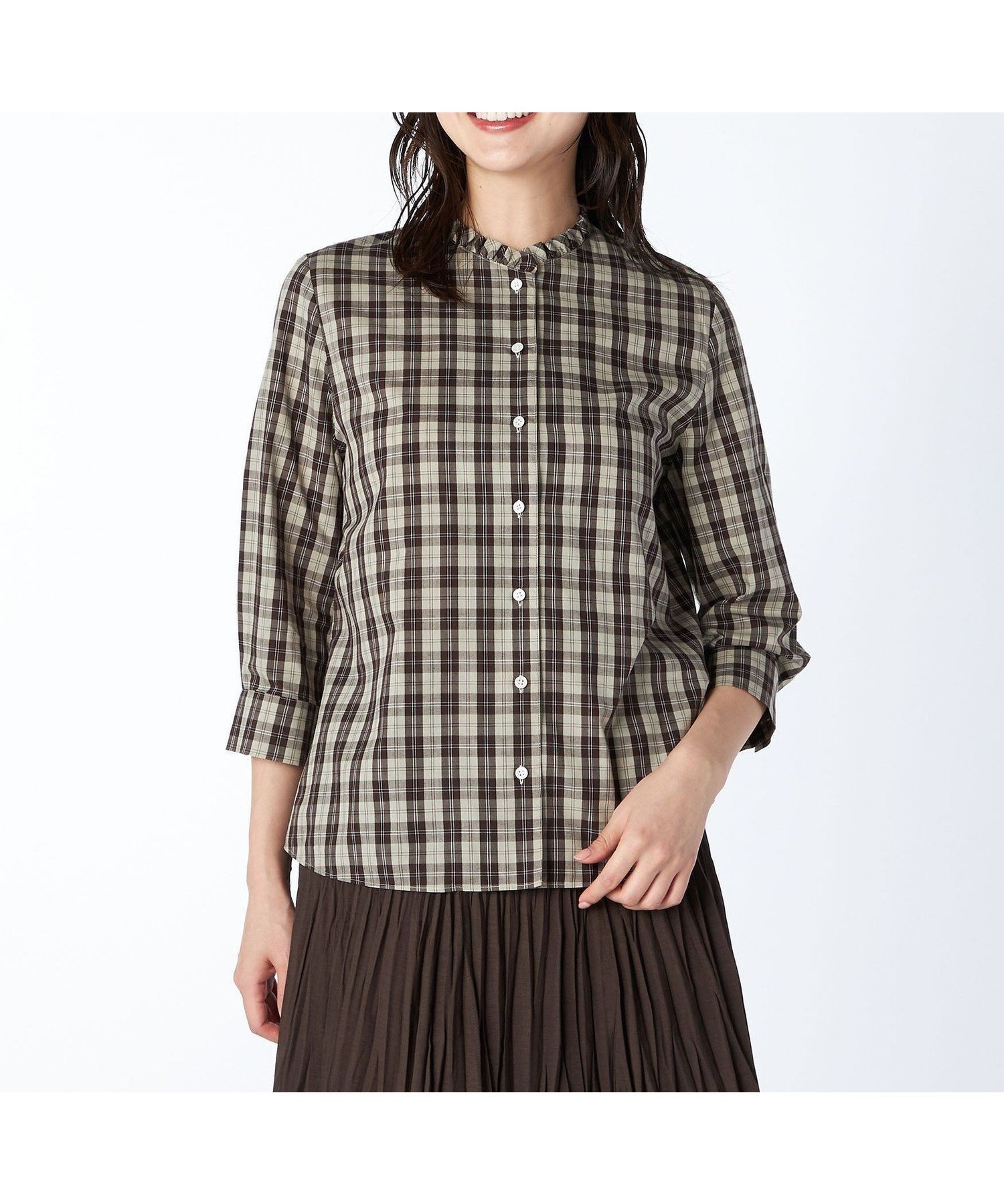 【キース/KEITH】のブロードチェックブラウス インテリア・キッズ・メンズ・レディースファッション・服の通販 founy(ファニー) 　ファッション　Fashion　レディースファッション　Fashion for Women　トップス・カットソー　Cut & Sew Tops　シャツ・ブラウス・オフィスカジュアル　Elegant Blouses & Button-Ups　エレガント 上品　Elegant　キュプラ　Cupro, Eco Fabric　スタンド　Stand Collar, Upright Stand　ストレート　Straight, Straight Cut　チェック　Check, Plaid, Tartan　フリル　Frill, Ruffle　ブロード　Broadcloth, Fine Cotton　ボトム　Bottoms, Lower Wear　ブラウン|ID: prp329100004743376 ipo3291000000034277637