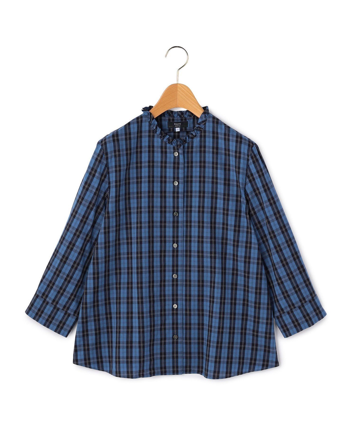 【キース/KEITH】のブロードチェックブラウス インテリア・キッズ・メンズ・レディースファッション・服の通販 founy(ファニー) 　ファッション　Fashion　レディースファッション　Fashion for Women　トップス・カットソー　Cut & Sew Tops　シャツ・ブラウス・オフィスカジュアル　Elegant Blouses & Button-Ups　エレガント 上品　Elegant　キュプラ　Cupro, Eco Fabric　スタンド　Stand Collar, Upright Stand　ストレート　Straight, Straight Cut　チェック　Check, Plaid, Tartan　フリル　Frill, Ruffle　ブロード　Broadcloth, Fine Cotton　ボトム　Bottoms, Lower Wear　ブルー|ID: prp329100004743376 ipo3291000000034277639