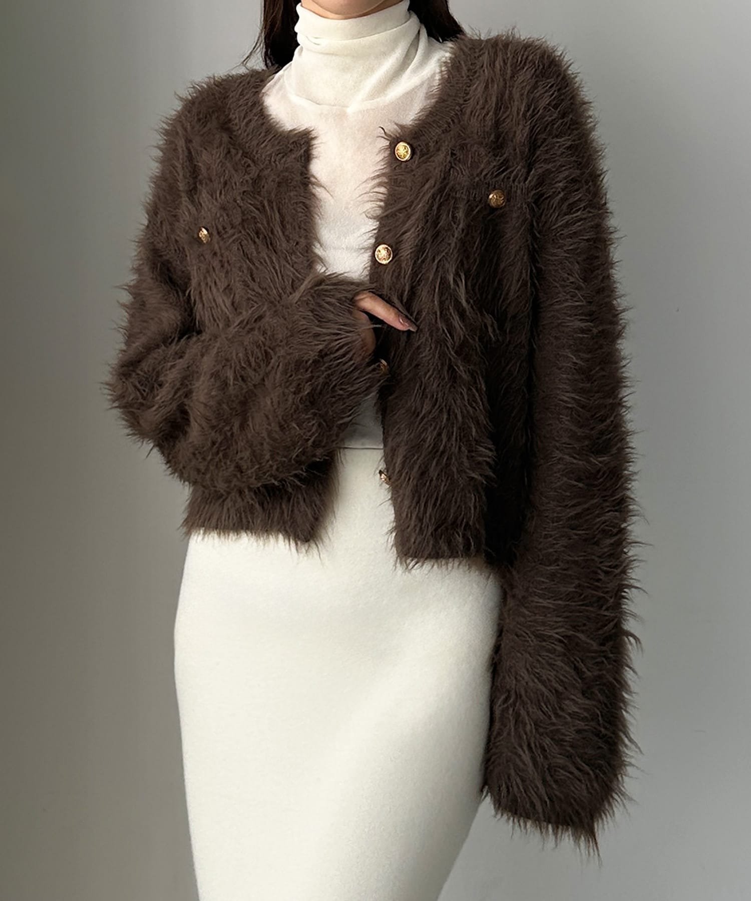 【ジュノア/JUNOAH】のLouere シャギーニットカーディガン インテリア・キッズ・メンズ・レディースファッション・服の通販 founy(ファニー)  ファッション Fashion レディースファッション Fashion for Women トップス・カットソー Cut & Sew Tops ニット Knit Tops & Sweaters カーディガン・羽織り Layered Style Cardigans ダークブラウン|ID: prp329100004743469 ipo3291000000034278647