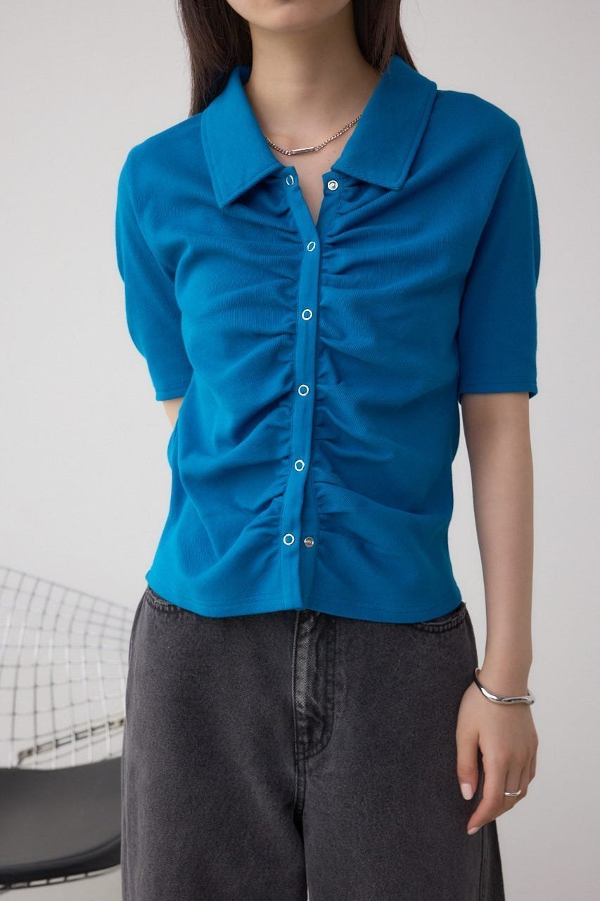 【アズール バイ マウジー/AZUL by moussy】のフロントギャザーポロトップス インテリア・キッズ・メンズ・レディースファッション・服の通販 founy(ファニー) 　ファッション　Fashion　レディースファッション　Fashion for Women　トップス・カットソー　Cut & Sew Tops　ギャザー　Gathered, Ruffled　デコルテ　Décolleté, Neckline　トレンド　Trend, Trending Now　ドット　Polka Dot, Dot Pattern　フラット　Flat, Flat Shoes　フロント　Front, Front Design　BLU|ID: prp329100004743934 ipo3291000000034283628