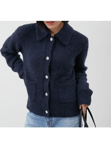 【ミラオーウェン/Mila Owen】のビジューボタンシャギーポロニットカーディガン インテリア・キッズ・メンズ・レディースファッション・服の通販 founy(ファニー) 　ファッション　Fashion　レディースファッション　Fashion for Women　トップス・カットソー　Cut & Sew Tops　ニット　Knit Tops & Sweaters　カーディガン・羽織り　Layered Style Cardigans　おすすめ　Recommended / Our Picks　アクセサリー　Fashion Accessories　カーディガン　Cardigan, Knitwear　スマート　Smart, Elegant　デニム　Denim, Jeans Material　トレンド　Trend, Trending Now　秋　Autumn　NVY[089]|ID: prp329100004743936 ipo3291000000034383740