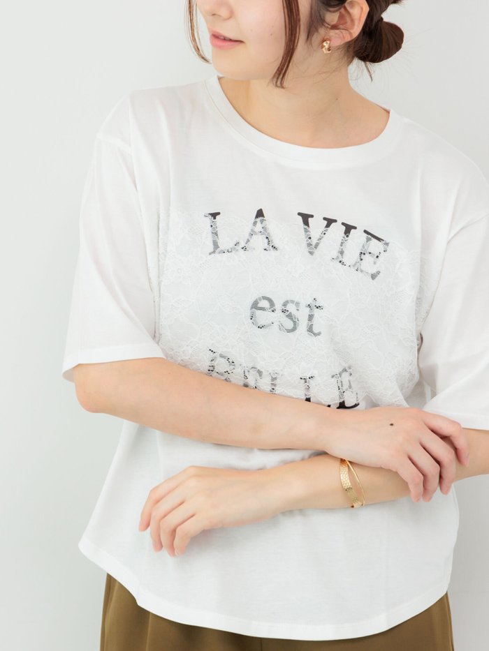 【テチチ/Te chichi】のレースロゴプリントTシャツ インテリア・キッズ・メンズ・レディースファッション・服の通販 founy(ファニー) https://founy.com/ ファッション Fashion レディースファッション Fashion for Women トップス・カットソー Cut & Sew Tops シャツ・ブラウス・オフィスカジュアル Elegant Blouses & Button-Ups ロングTシャツ・Tシャツ Longline T-Shirts & Tees おすすめ Recommended / Our Picks プリント Print, Printed Pattern ベーシック Basic, Essential レース Lace, Lace Fabric |ID: prp329100004743950 ipo3291000000034283883