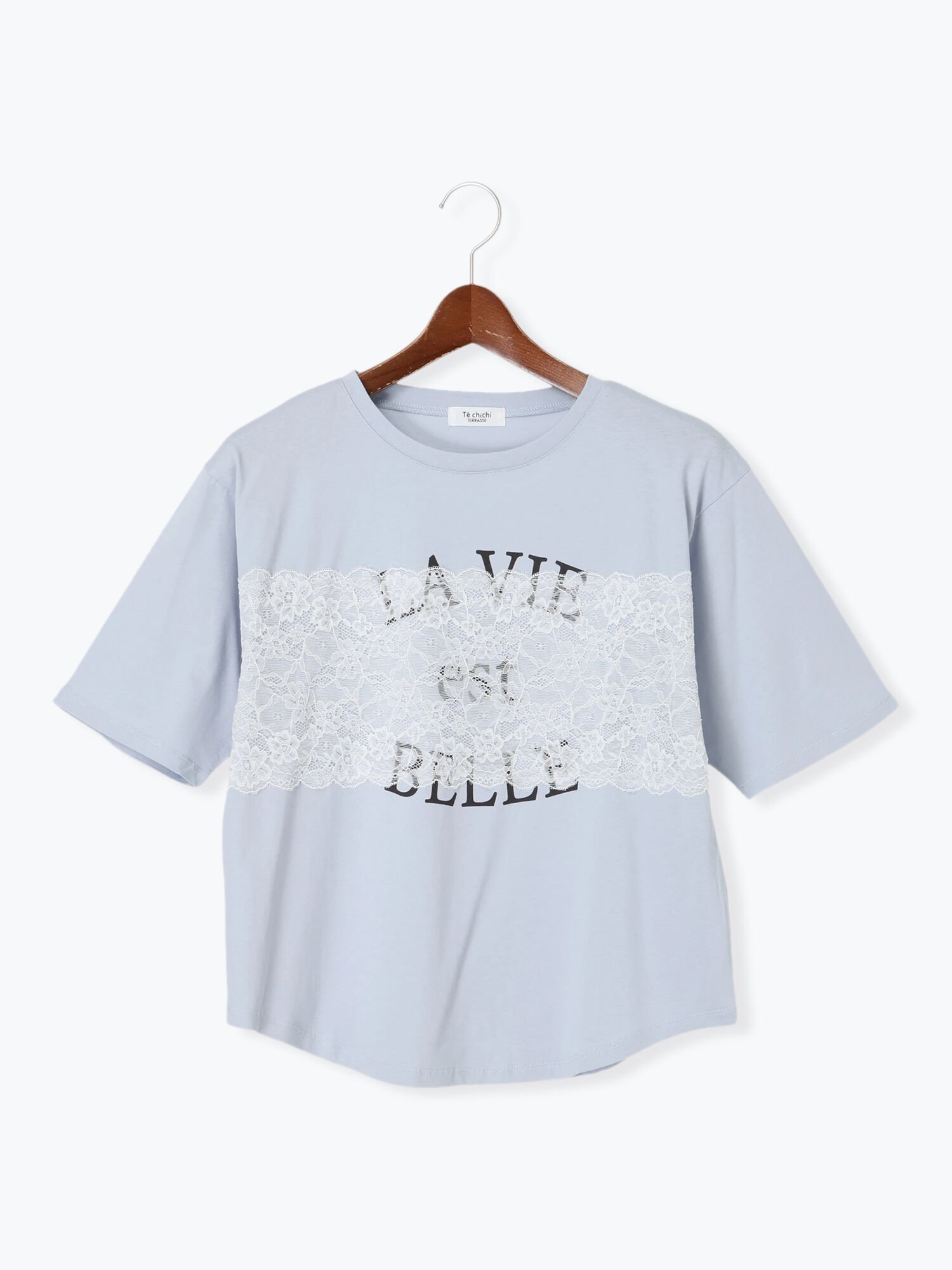 【テチチ/Te chichi】のレースロゴプリントTシャツ インテリア・キッズ・メンズ・レディースファッション・服の通販 founy(ファニー) 　ファッション　Fashion　レディースファッション　Fashion for Women　トップス・カットソー　Cut & Sew Tops　シャツ・ブラウス・オフィスカジュアル　Elegant Blouses & Button-Ups　ロングTシャツ・Tシャツ　Longline T-Shirts & Tees　おすすめ　Recommended / Our Picks　プリント　Print, Printed Pattern　ベーシック　Basic, Essential　レース　Lace, Lace Fabric　ブルー|ID: prp329100004743950 ipo3291000000034283886